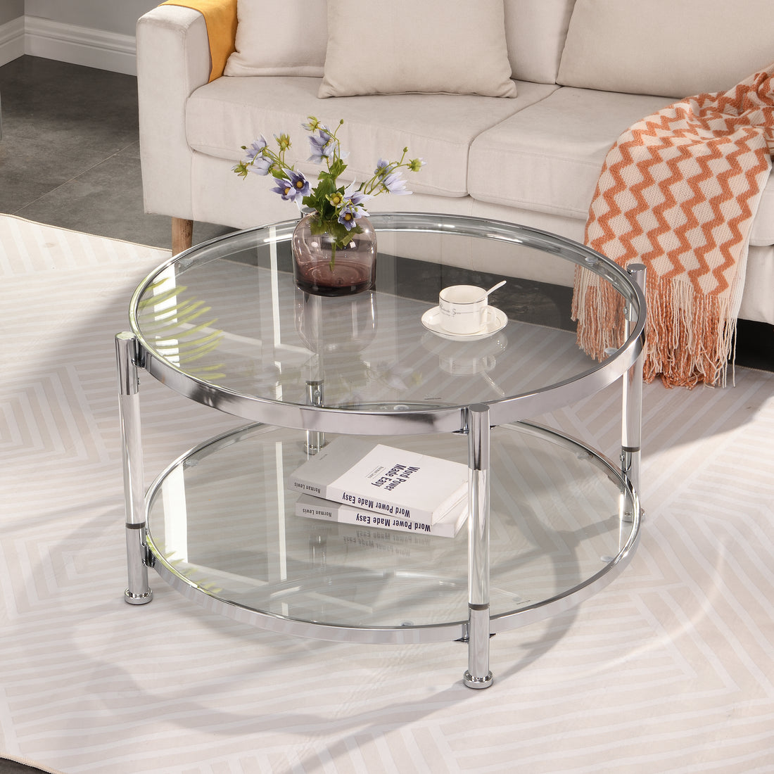 W82153572 Contemporary Acrylic Coffee Table, 32.3'' Round Tempered Glass Coffee Table, Chrome Silver Coffee Table For Living Room Chrome Glass Iron