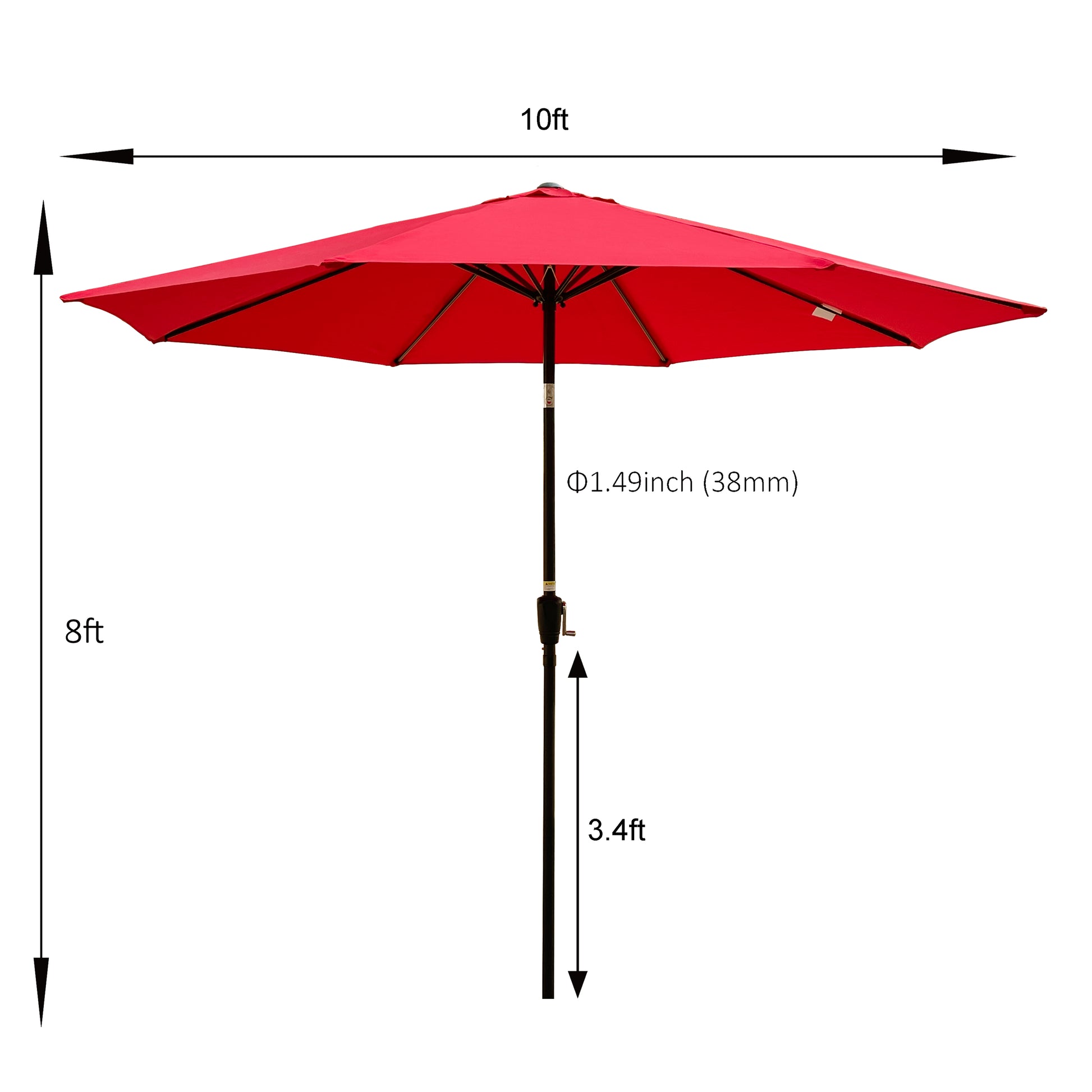 Outdoor Patio Umbrella 10Ft 3M Without Flap ,8Pcs Ribs,With Tilt ,With Crank,Without Base, Red,Pole Size 38Mm 1.49Inch Red Steel