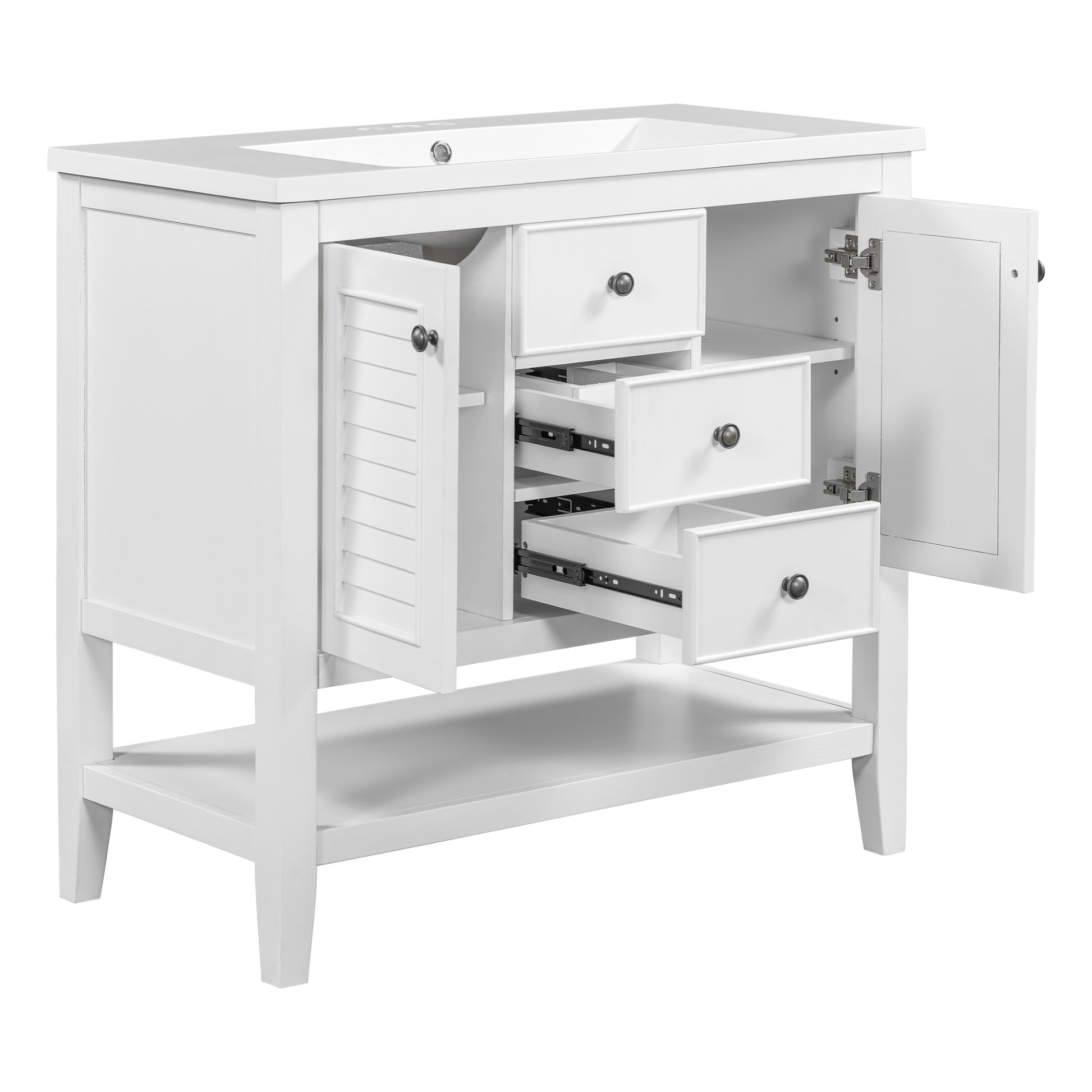 36" Bathroom Vanity With Ceramic Basin, Two Cabinets And Drawers, Open Shelf, Solid Wood Frame, White Old Sku: Sy999101Aak White Solid Wood Mdf