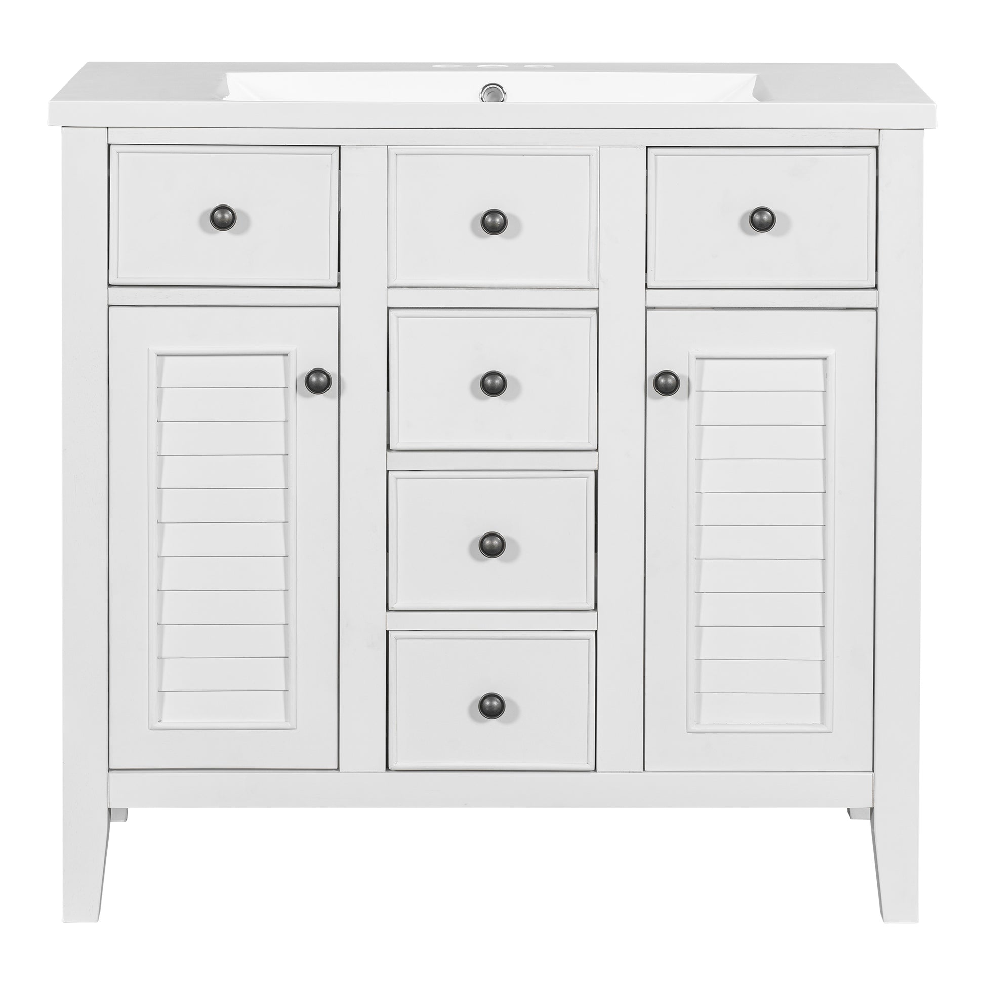 36" Bathroom Vanity With Ceramic Basin, Two Cabinets And Five Drawers, Solid Wood Frame, White Old Sku: Sy999202Aak White Solid Wood Mdf