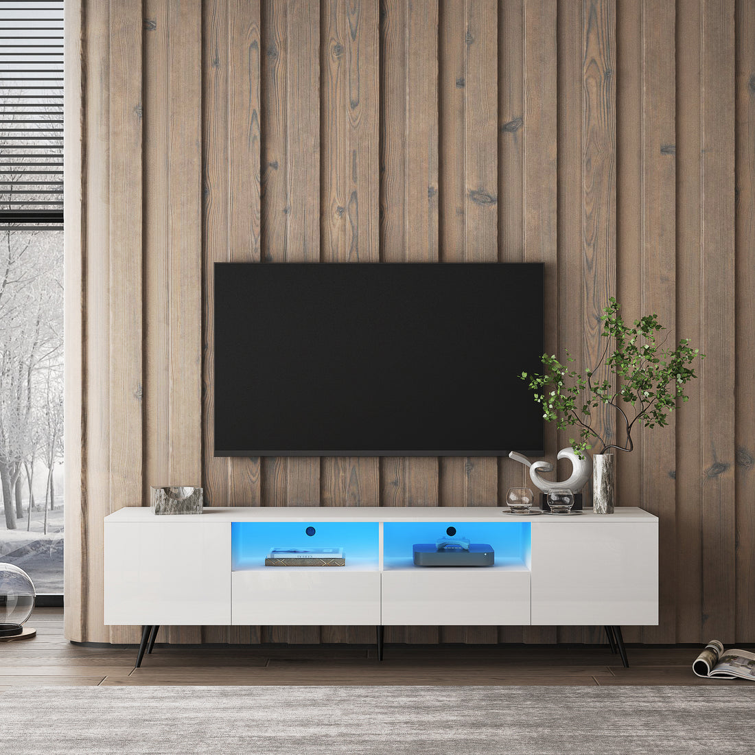 Modern White Tv Stand, 16 Colors Led Tv Stand W Remote Control Lights White Mdf