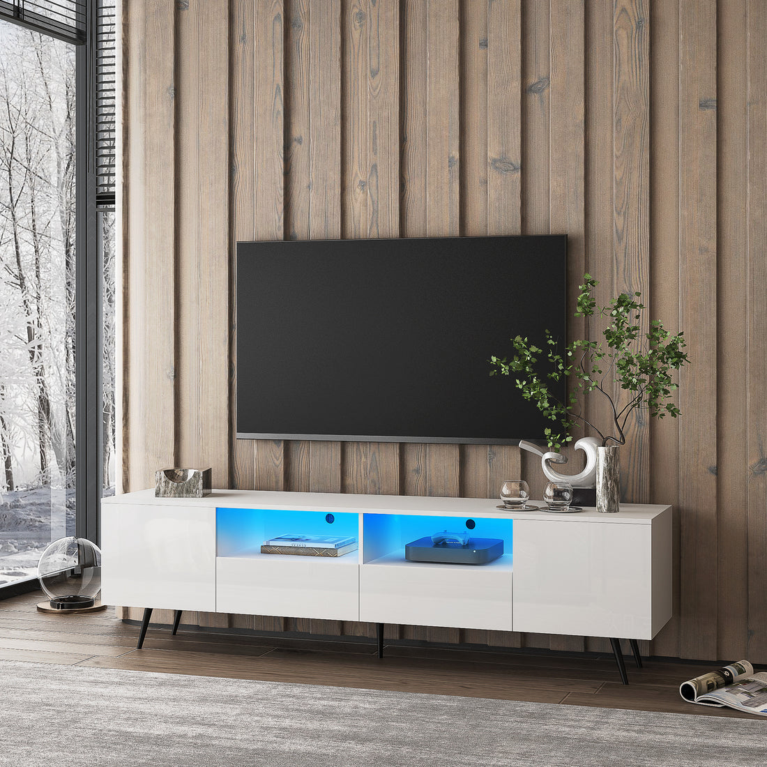 Modern White Tv Stand, 16 Colors Led Tv Stand W Remote Control Lights White Mdf