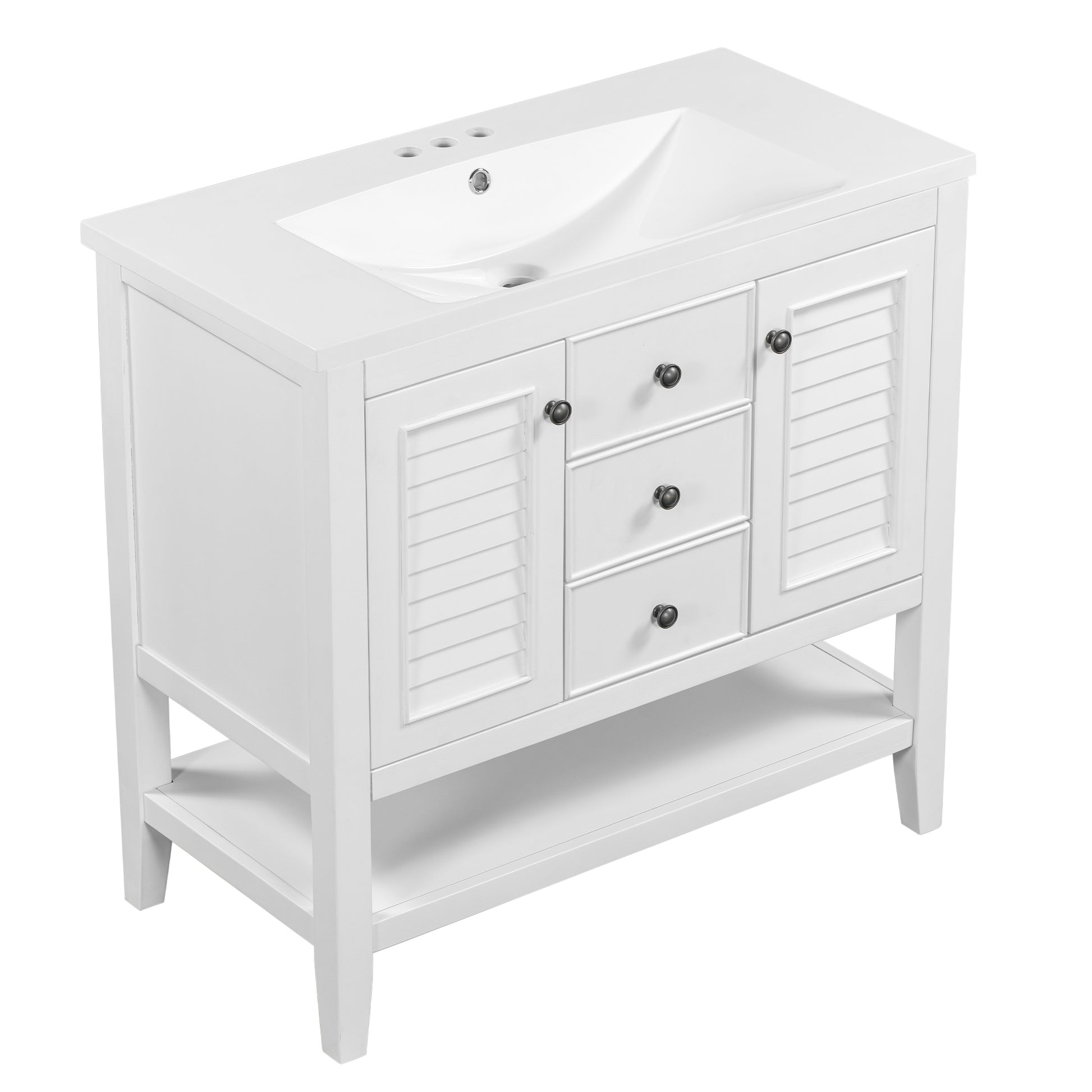 36" Bathroom Vanity With Ceramic Basin, Two Cabinets And Drawers, Open Shelf, Solid Wood Frame, White Old Sku: Sy999101Aak White Solid Wood Mdf