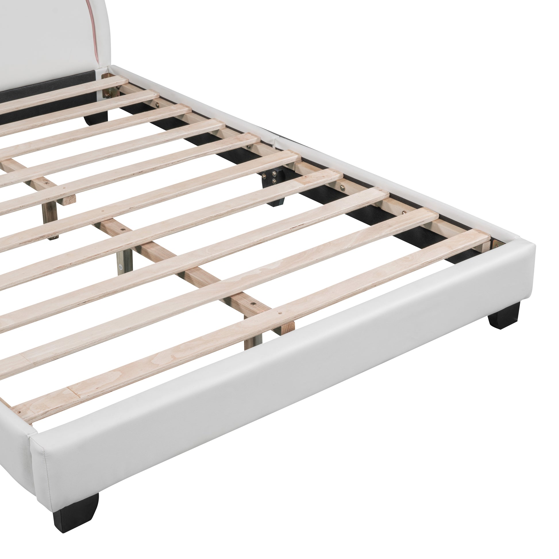Full Size Upholstered Leather Platform Bed With Rabbit Ornament, White White Pu Leather