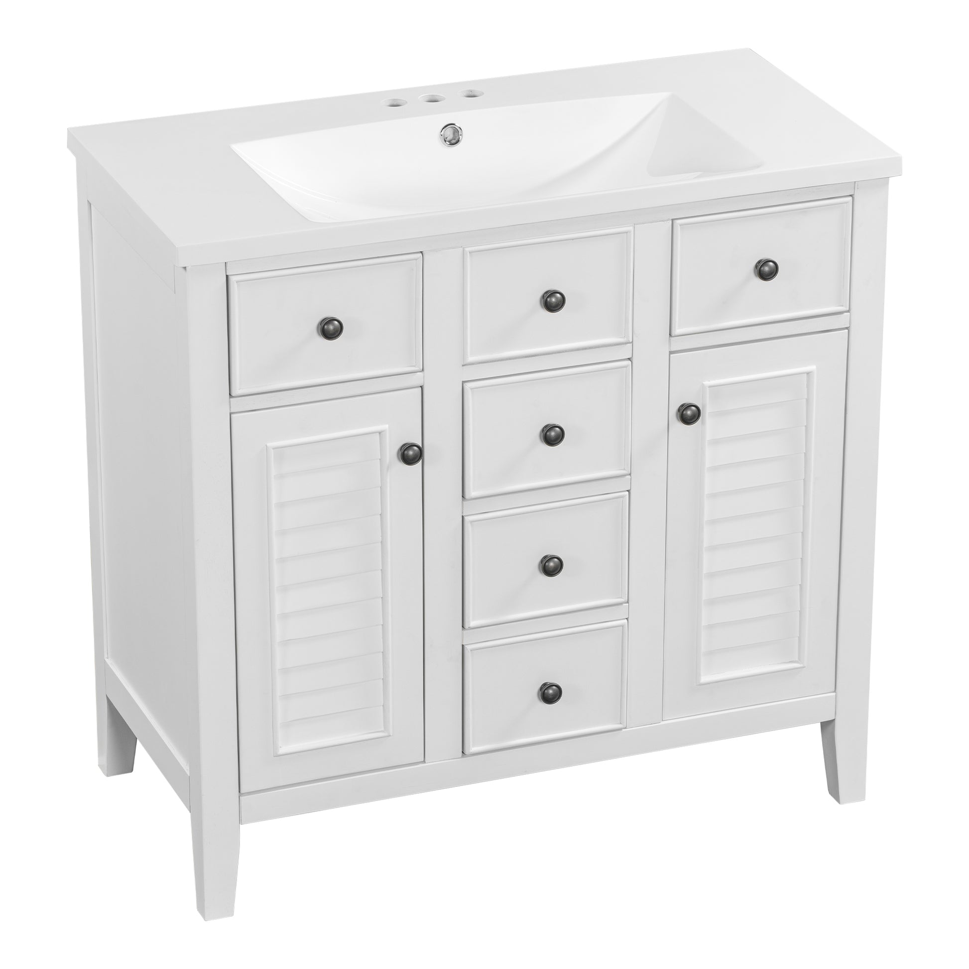 36" Bathroom Vanity With Ceramic Basin, Two Cabinets And Five Drawers, Solid Wood Frame, White Old Sku: Sy999202Aak White Solid Wood Mdf