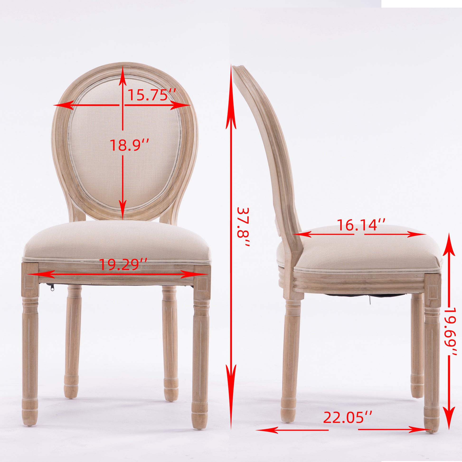 French Style Solid Wood Frame Linen Fabric Oval Back Dining Chair,Set Of 2,Cream Beige Foam Solid Wood