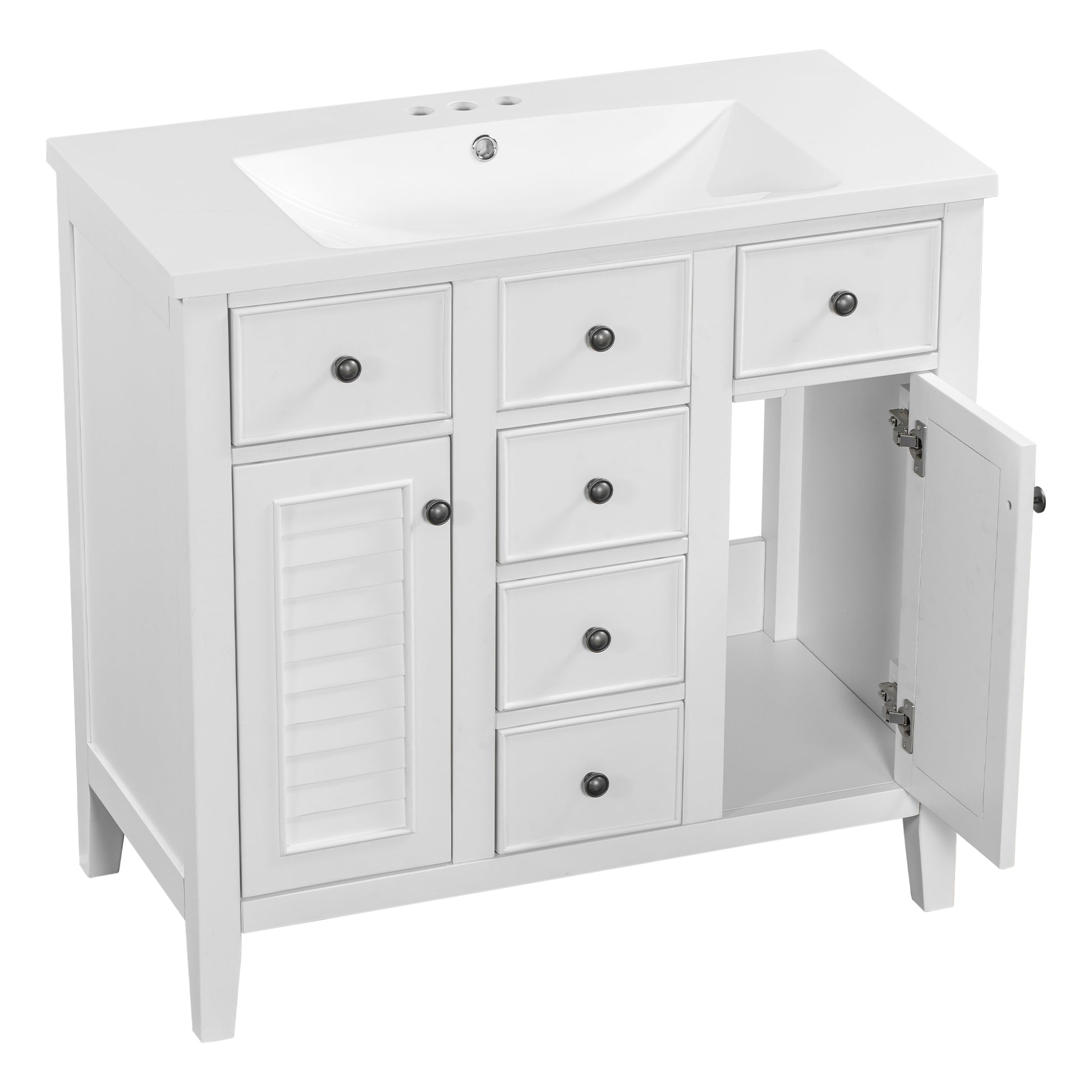 36" Bathroom Vanity With Ceramic Basin, Two Cabinets And Five Drawers, Solid Wood Frame, White Old Sku: Sy999202Aak White Solid Wood Mdf