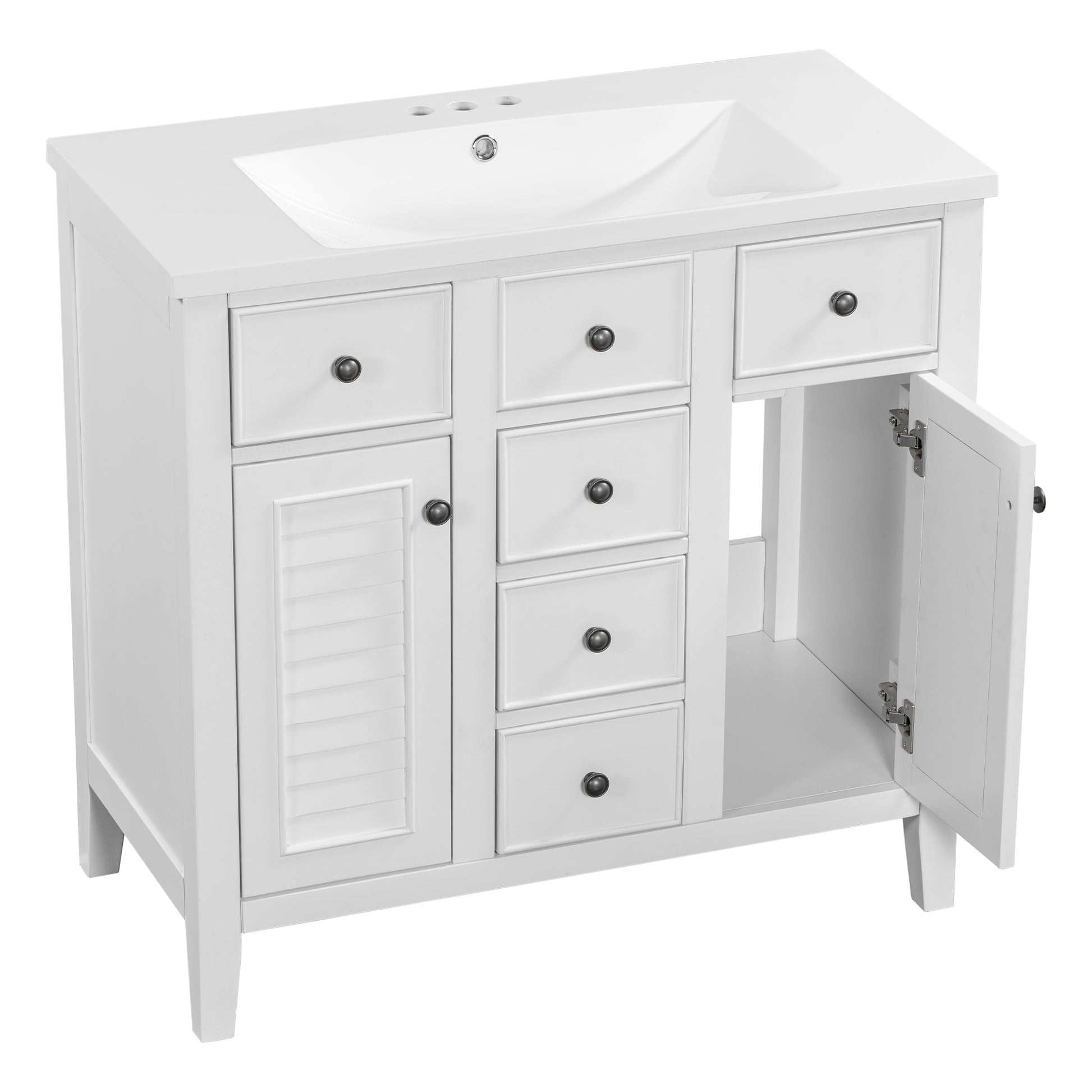 36" Bathroom Vanity With Ceramic Basin, Two Cabinets And Five Drawers, Solid Wood Frame, White Old Sku: Sy999202Aak 1 White Solid Wood Mdf