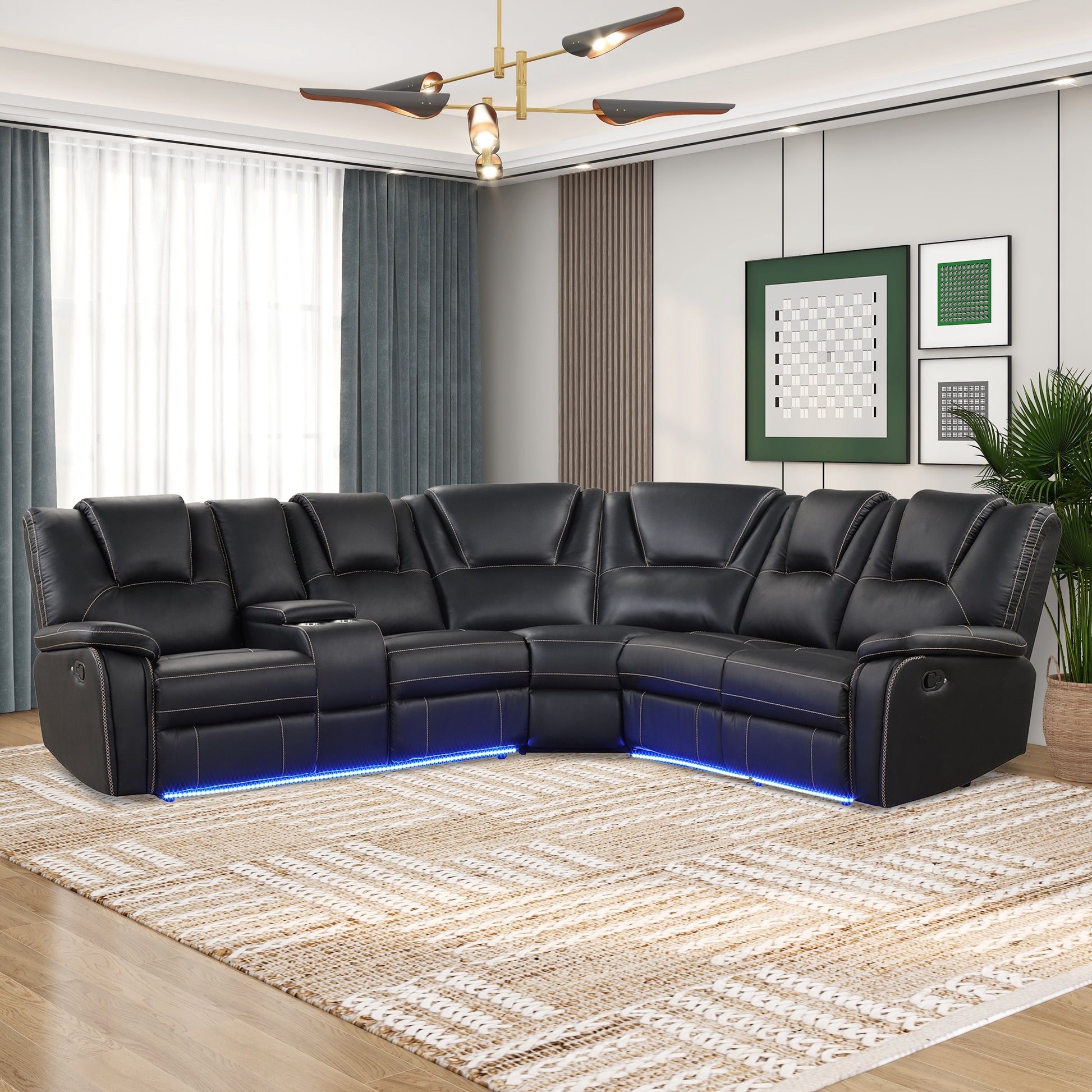 Modern Faux Leather Manual Reclining With Center Console With Led Light Strip,Living Room Furniture Set,Pu Symmetrical Couch With 2 Cup Holders And Storage For Living Room,Black Black Foam Pu Leather 6 Seat