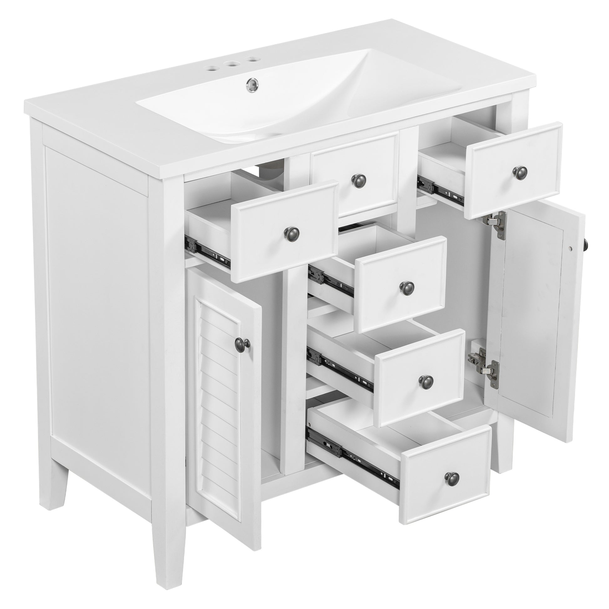 36" Bathroom Vanity With Ceramic Basin, Two Cabinets And Five Drawers, Solid Wood Frame, White Old Sku: Sy999202Aak White Solid Wood Mdf