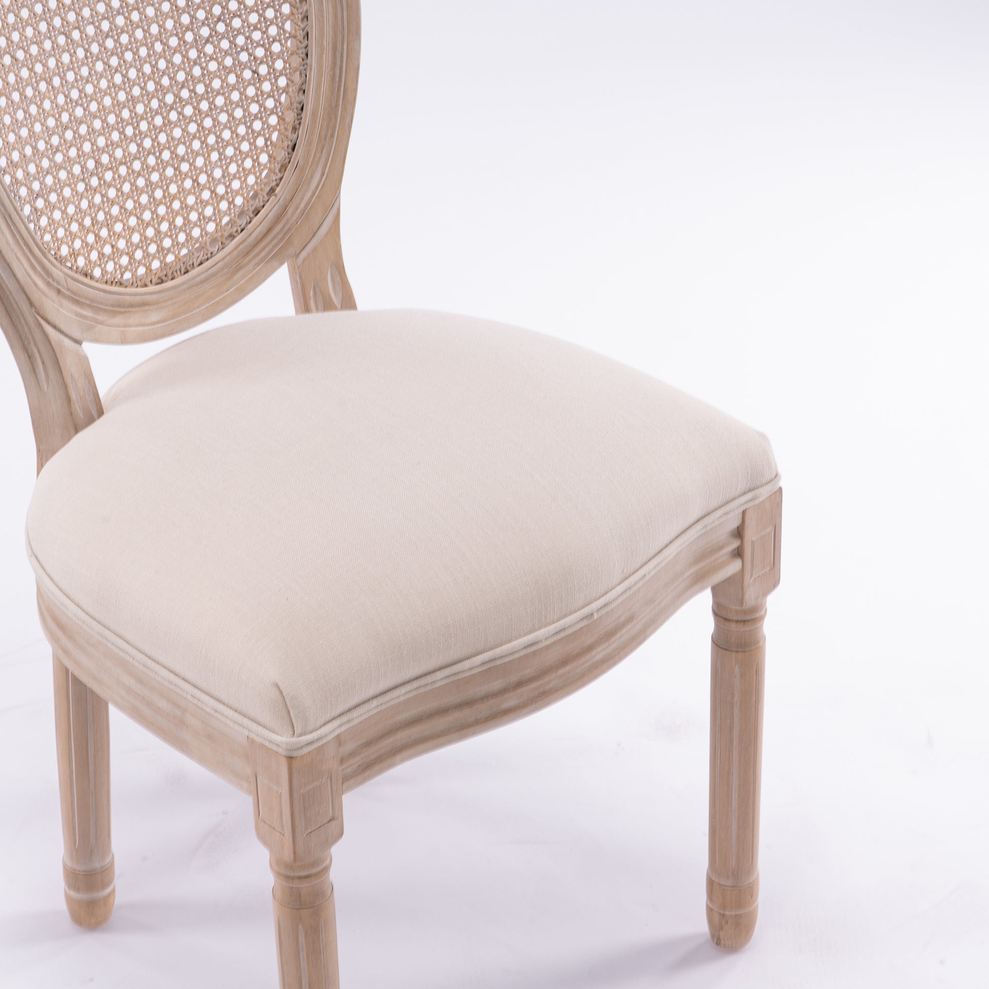 French Style Solid Wood Frame Linen Fabric Rattan Back Dining Chair,Set Of 2,Cream Beige Foam Foam