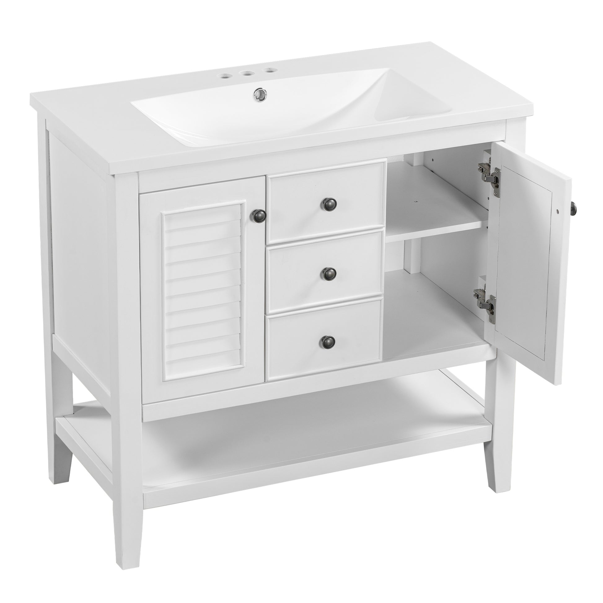 36" Bathroom Vanity With Ceramic Basin, Two Cabinets And Drawers, Open Shelf, Solid Wood Frame, White Old Sku: Sy999101Aak White Solid Wood Mdf