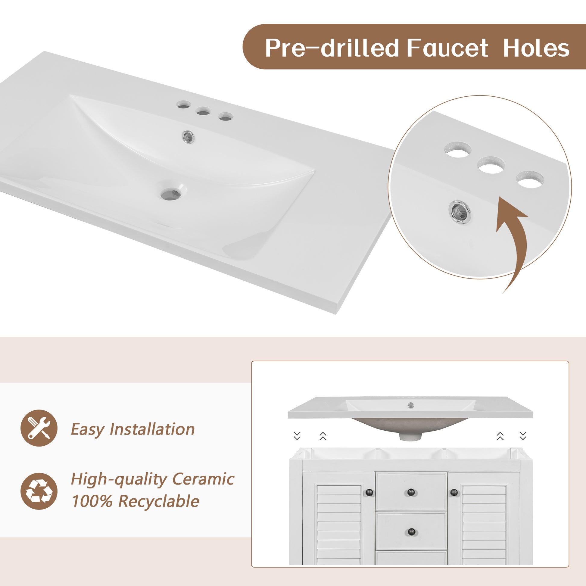 36" Bathroom Vanity With Ceramic Basin, Two Cabinets And Drawers, Open Shelf, Solid Wood Frame, White Old Sku: Sy999101Aak White Solid Wood Mdf