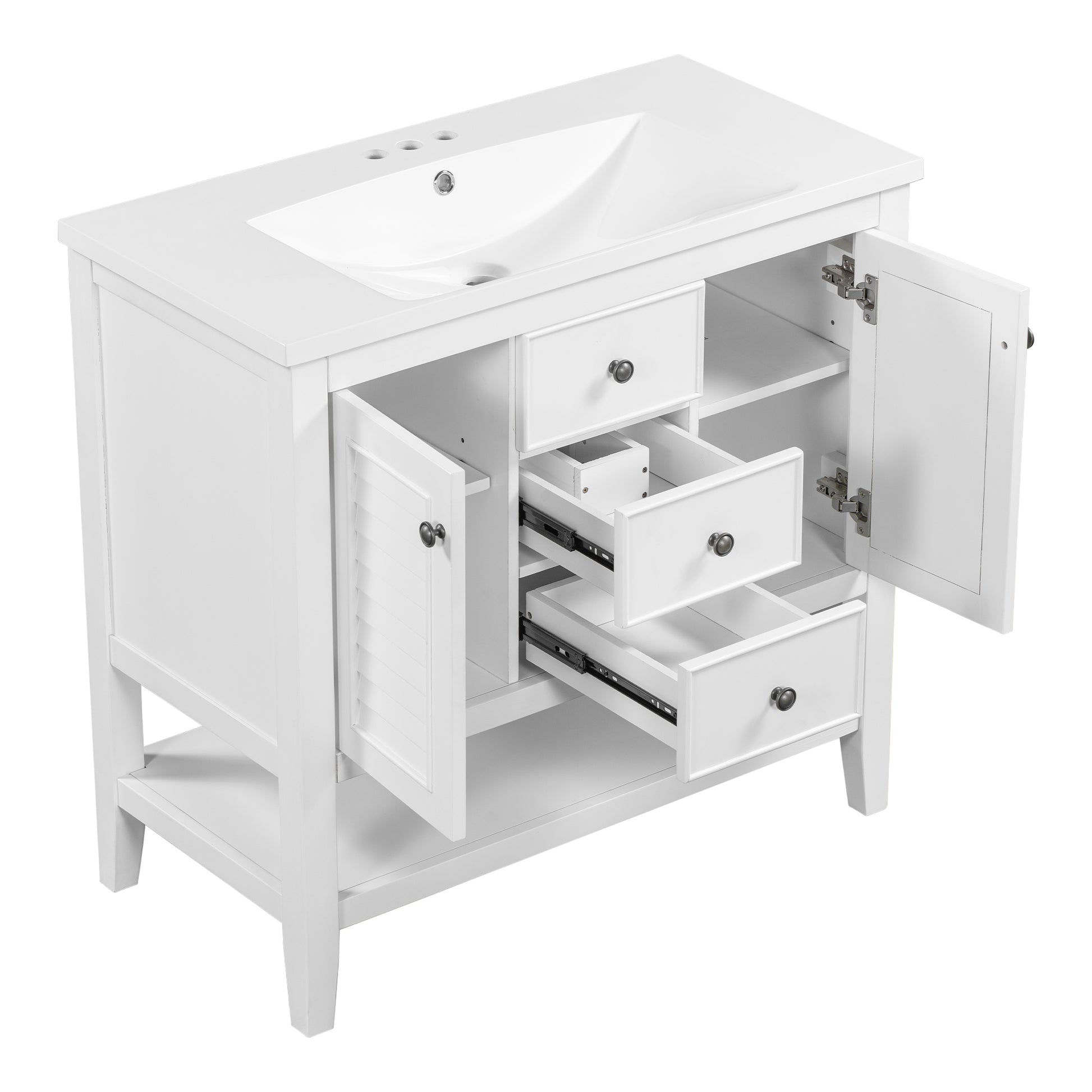 36" Bathroom Vanity With Ceramic Basin, Two Cabinets And Drawers, Open Shelf, Solid Wood Frame, White Old Sku: Sy999101Aak White Solid Wood Mdf