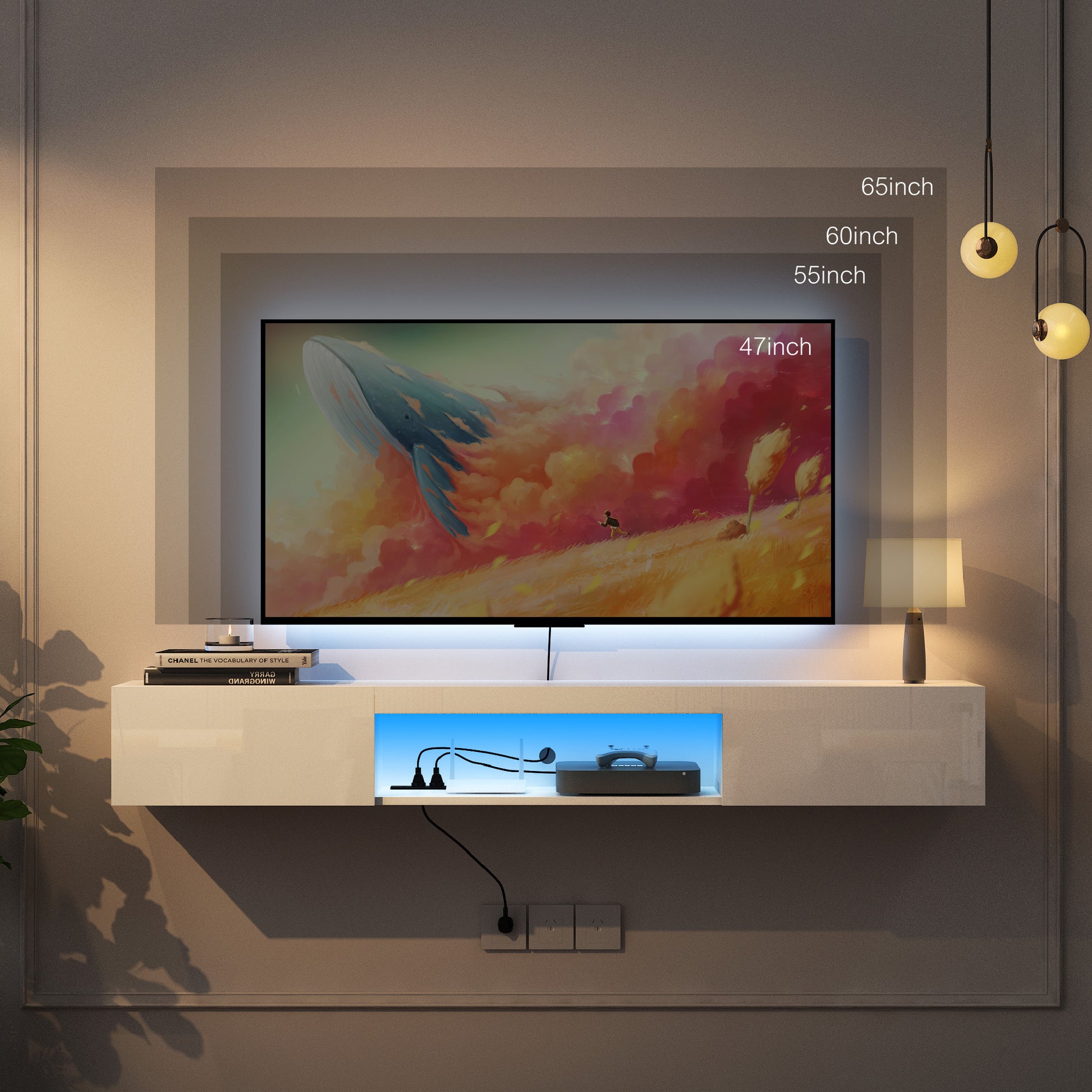 Floating Tv Stand Wall Mounted With 20 Color Leds,63" Modern Tv Stand,Floating Tv Cabinet Entertainment Center For 55 60 65 Inch Tv,White White 60 69 Inches Mdf