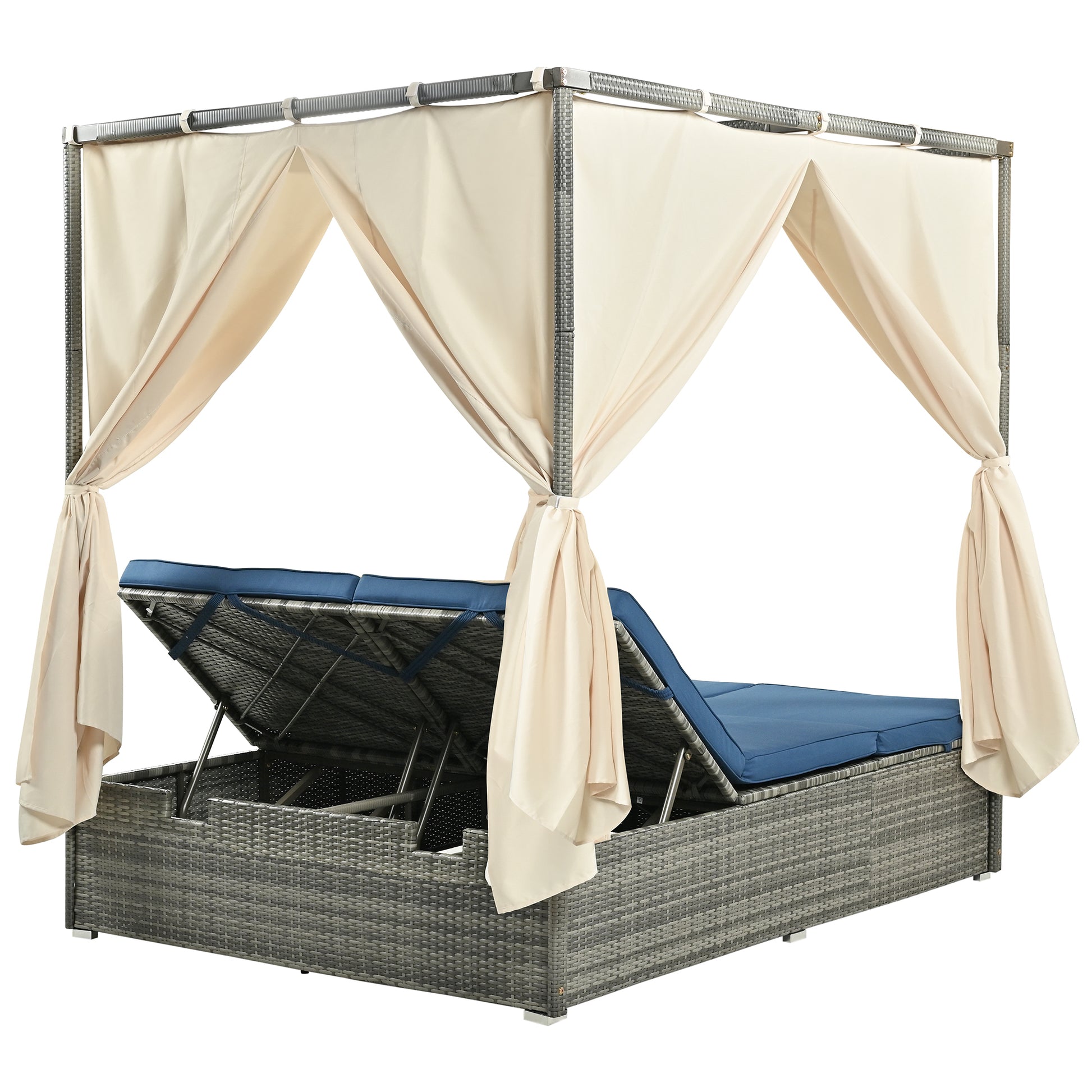 Adjustable Sun Bed With Curtain,High Comfort,With 3 Colors Blue Hdpe