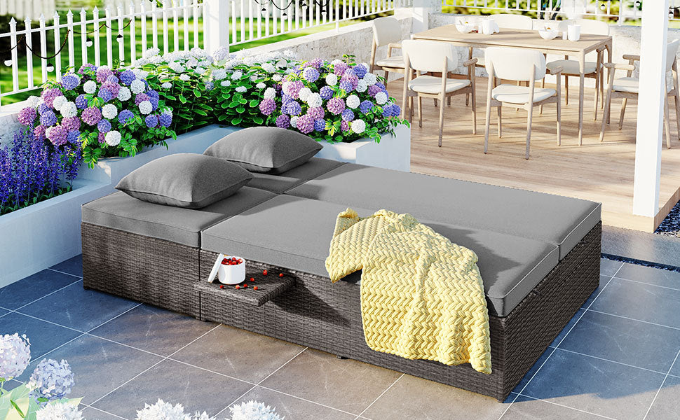 Outdoor Double Sunbed, Wicker Rattan Patio Reclining Chairs With Adjustable Backrest And Seat, Conversational Set For 2 Person, Gray Yes Complete Patio Set Gray Water Resistant Frame Water Resistant Cushion Garden & Outdoor Casual Sofa Seating Groups