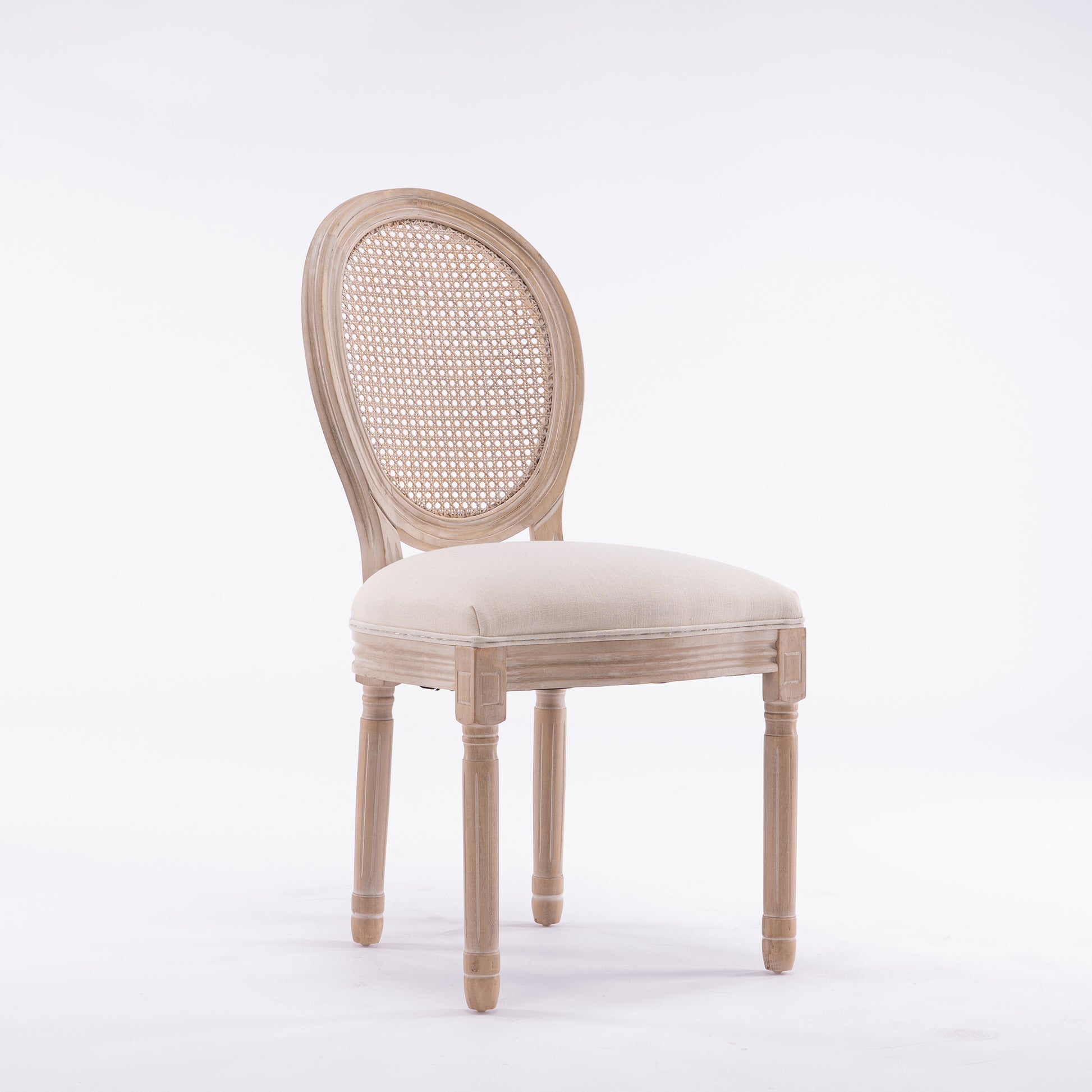 French Style Solid Wood Frame Linen Fabric Rattan Back Dining Chair,Set Of 2,Cream Beige Foam Foam