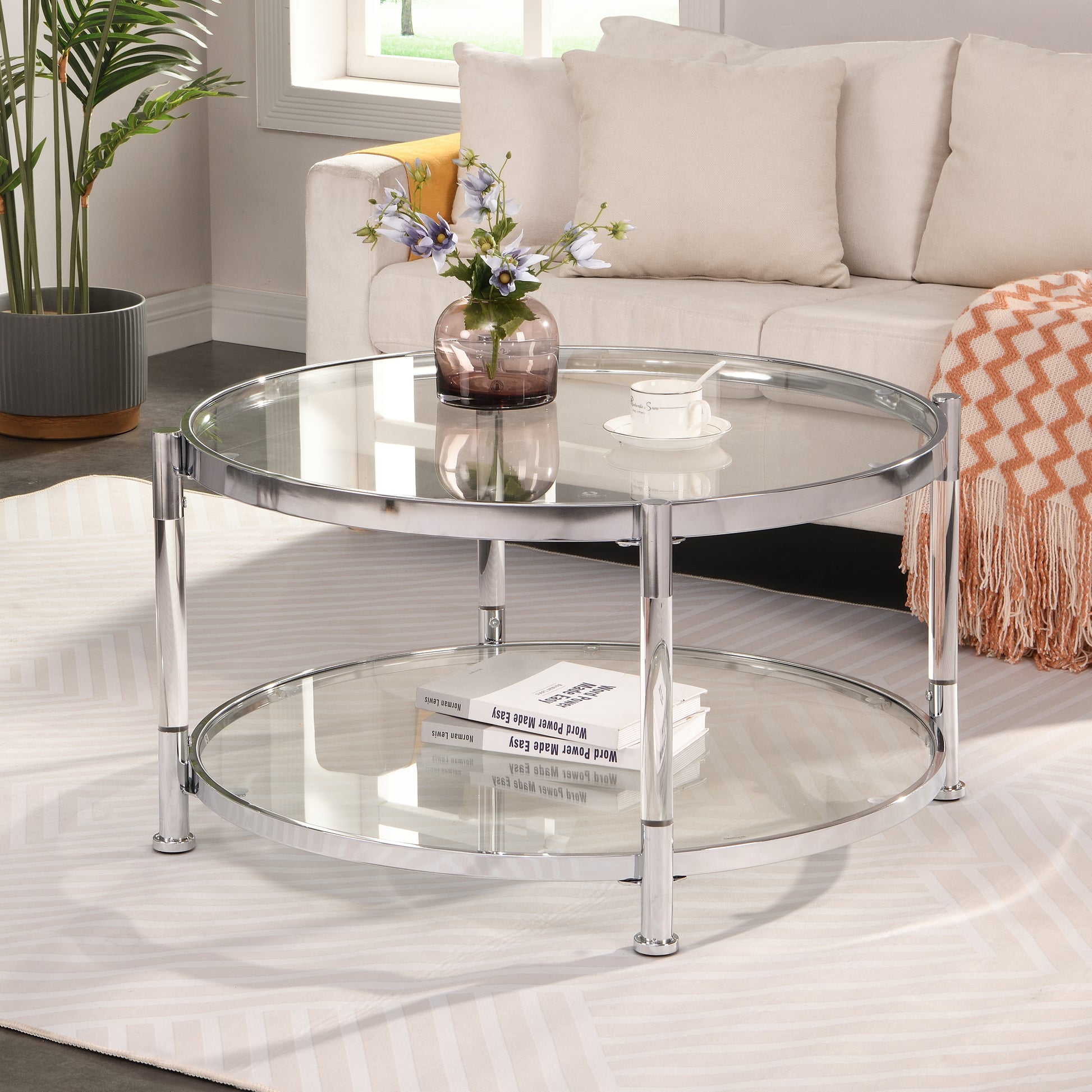 W82153572 Contemporary Acrylic Coffee Table, 32.3'' Round Tempered Glass Coffee Table, Chrome Silver Coffee Table For Living Room Chrome Glass Iron