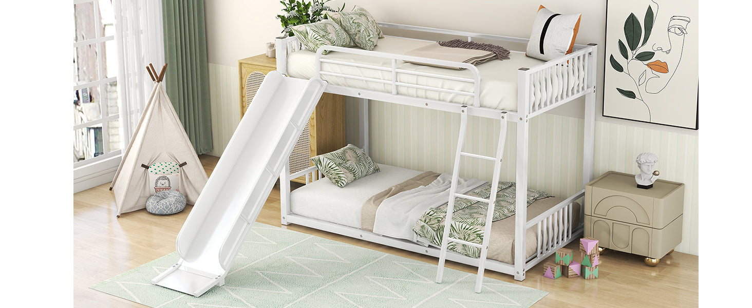 Metal Bunk Bed With Slide, Twin Over Twin, White Box Spring Not Required White Metal Bedroom Metal