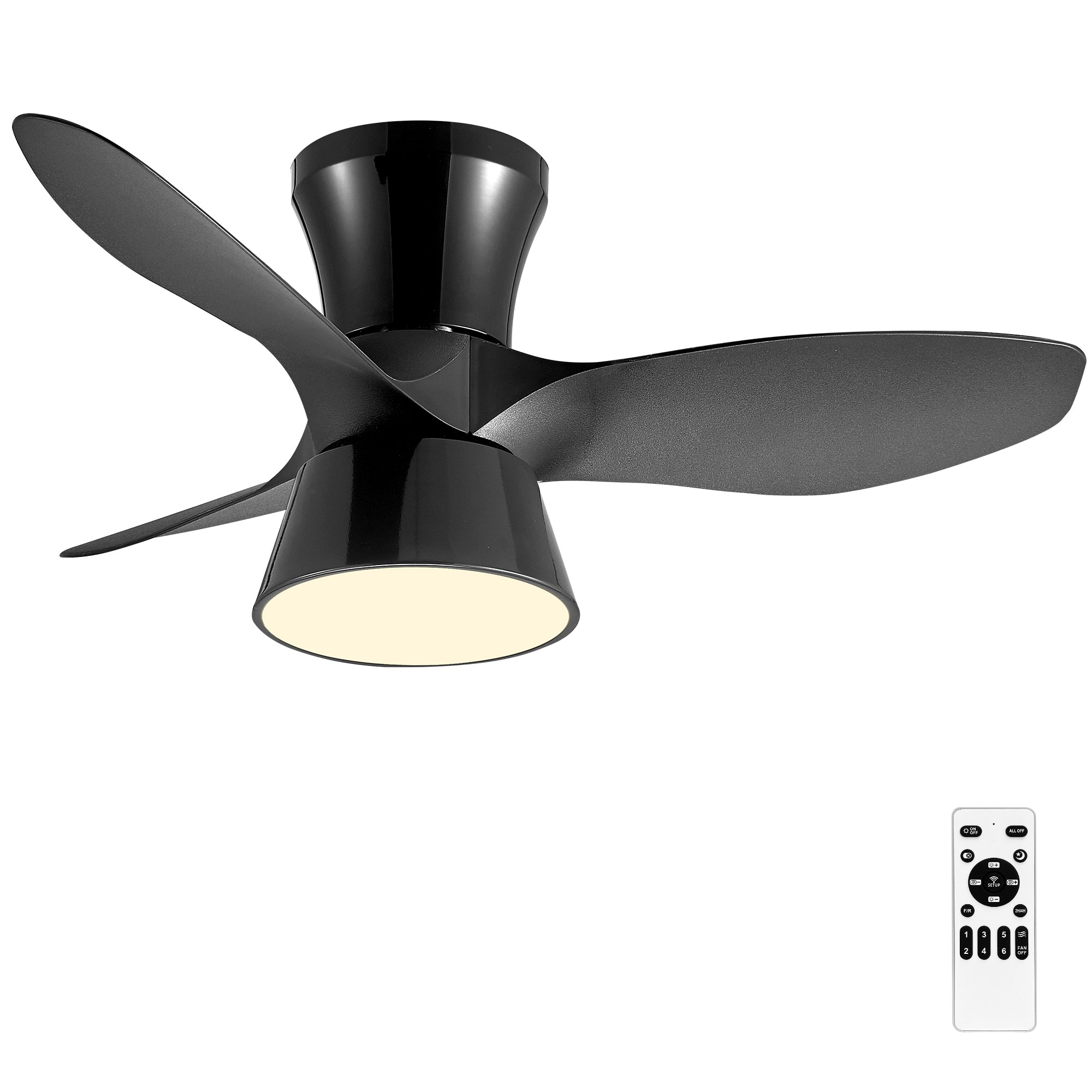 32 Inch Black Flush Mount Ceiling Fan with Light black-iron+plastic