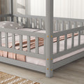 Full Size Floor Wooden Bed With House Roof Frame, Fence Guardrails ,Grey Old Sku:W50471474 Full Grey Pine