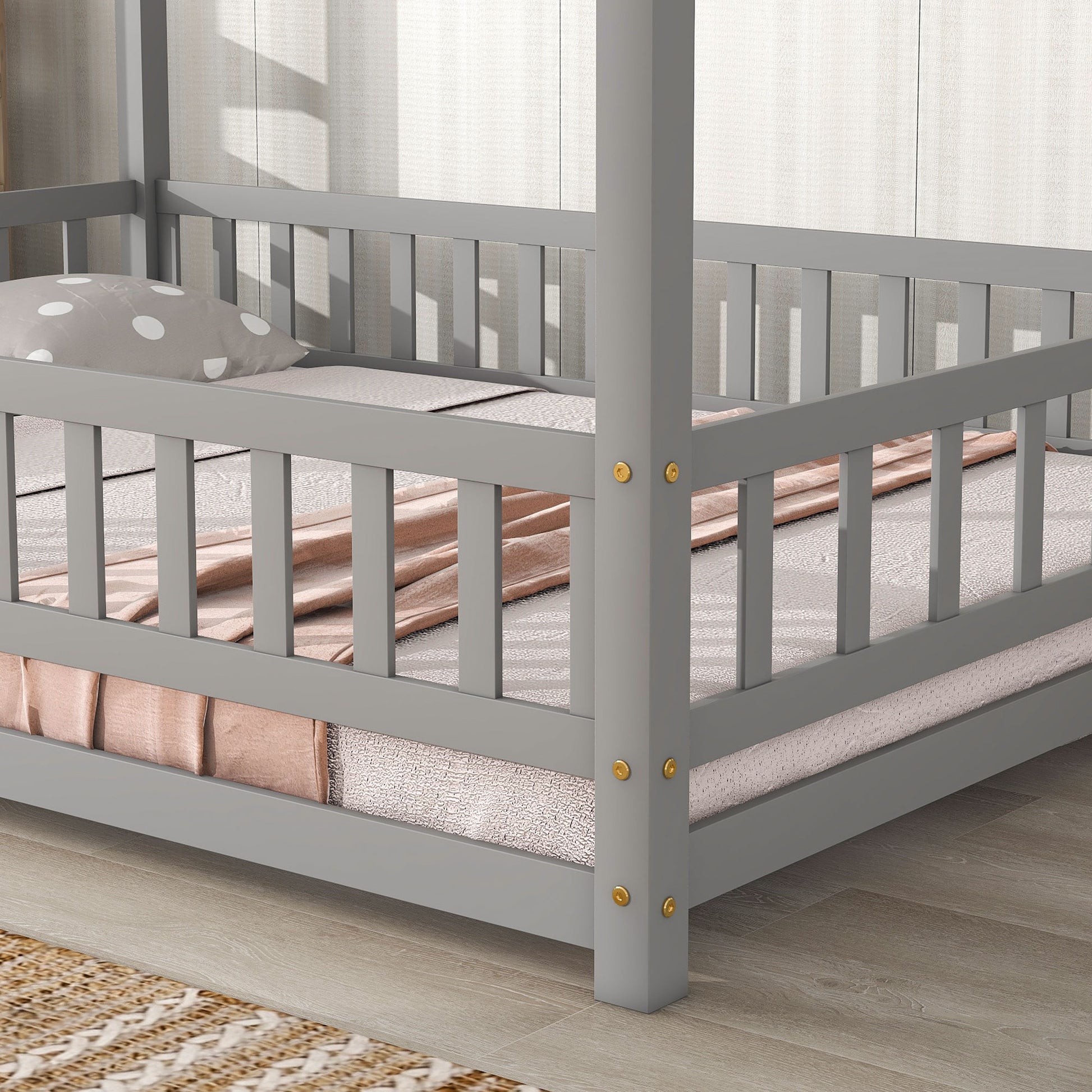 Full Size Floor Wooden Bed With House Roof Frame, Fence Guardrails ,Grey Old Sku:W50471474 Full Grey Pine