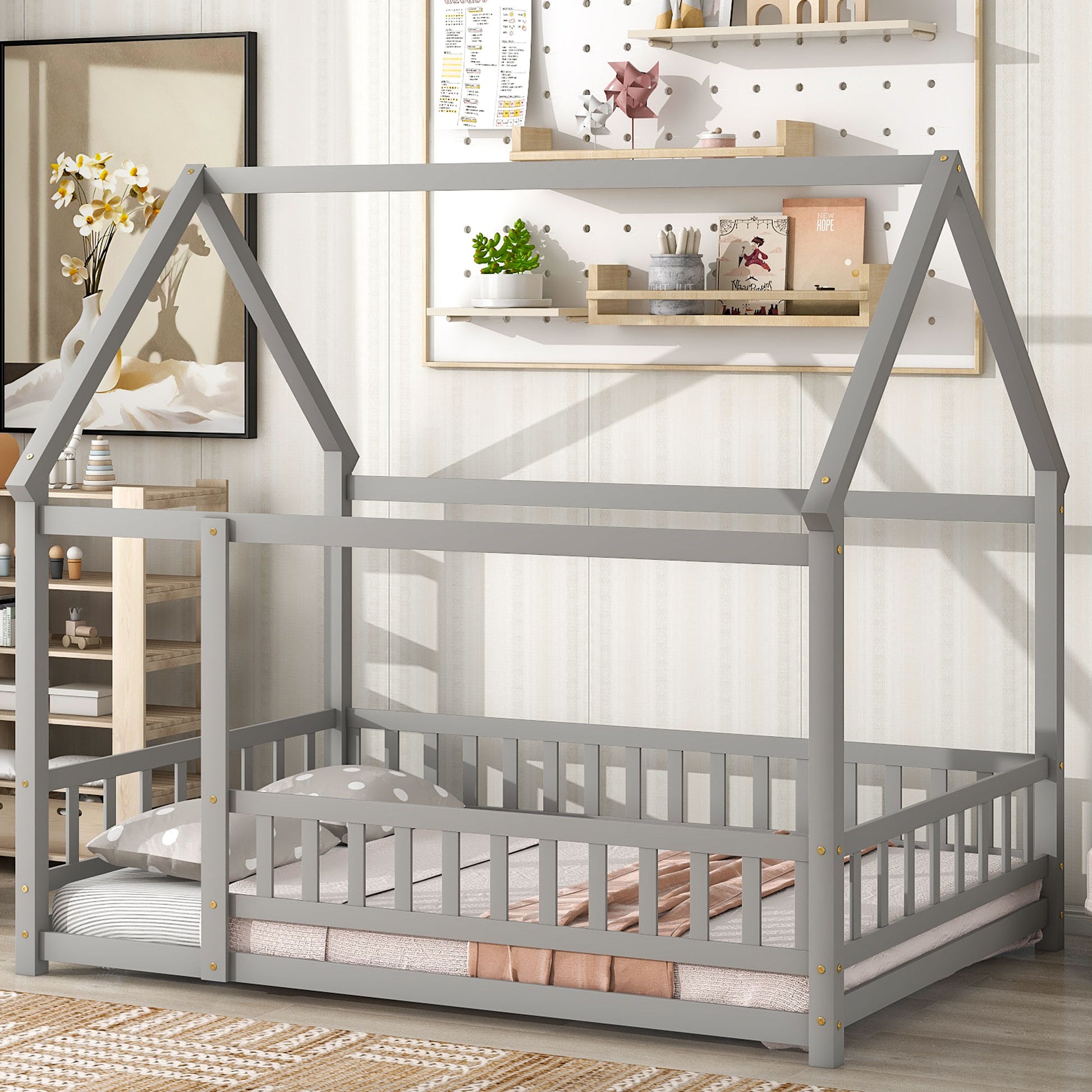 Full Size Floor Wooden Bed With House Roof Frame, Fence Guardrails ,Grey Old Sku:W50471474 Full Grey Pine