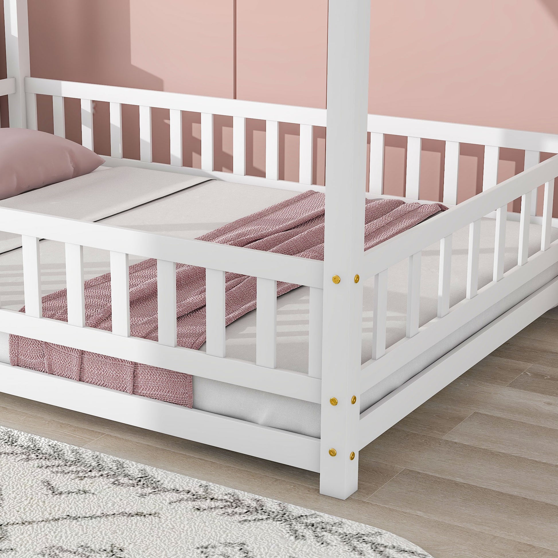 Full Size Floor Wooden Bed With House Roof Frame, Fence Guardrails ,White Old Sku:W50471475 Full White Pine