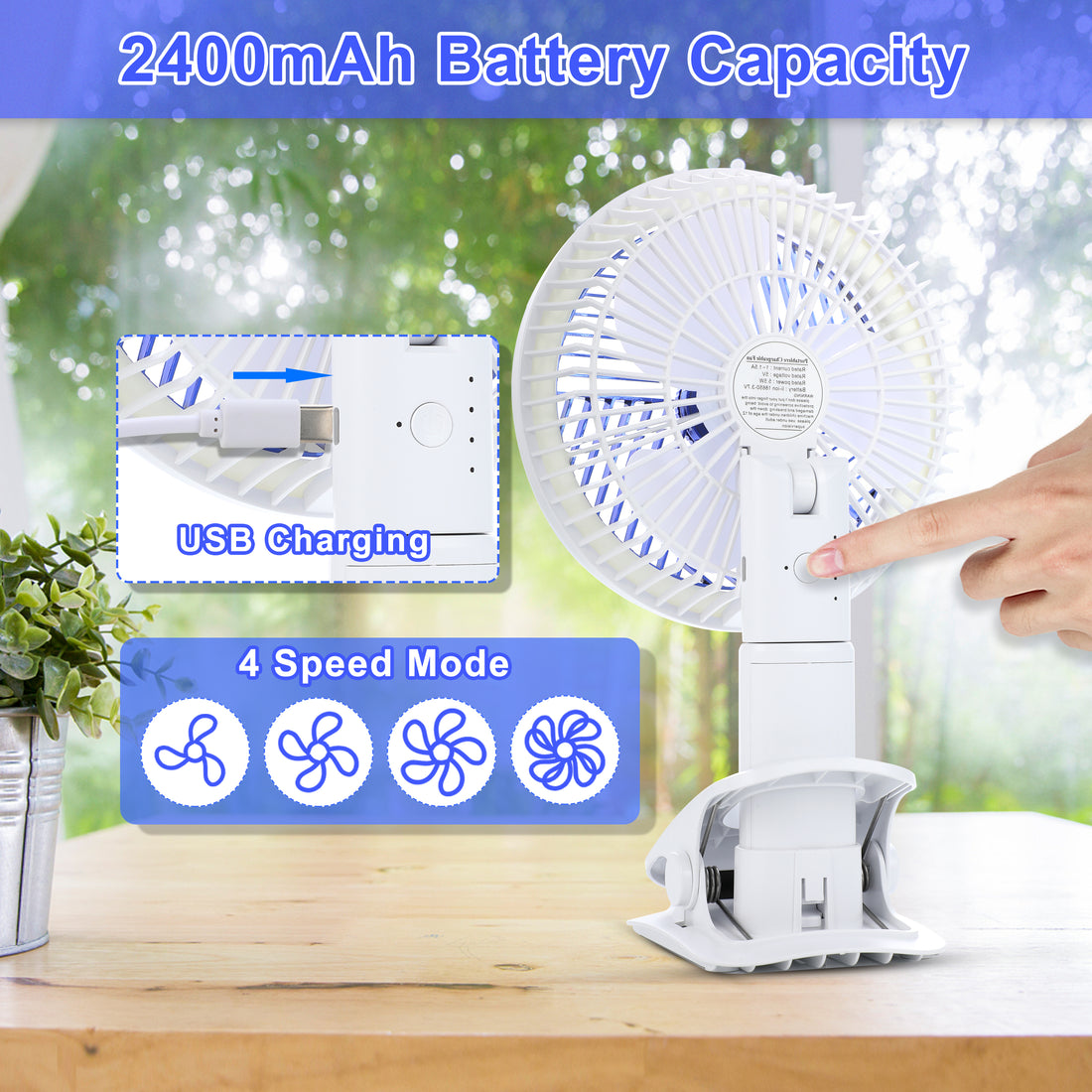 Clip On Fan With Led Lamp, Rechargeable Desk Fan, 4 Speed 360 Rotating Detachable Clamp Fan, Battery Powered Usb Camping Fan Portable For Cart Rv Car Travel Camping Tent Workout Treadmill Bed Desk White Plastic