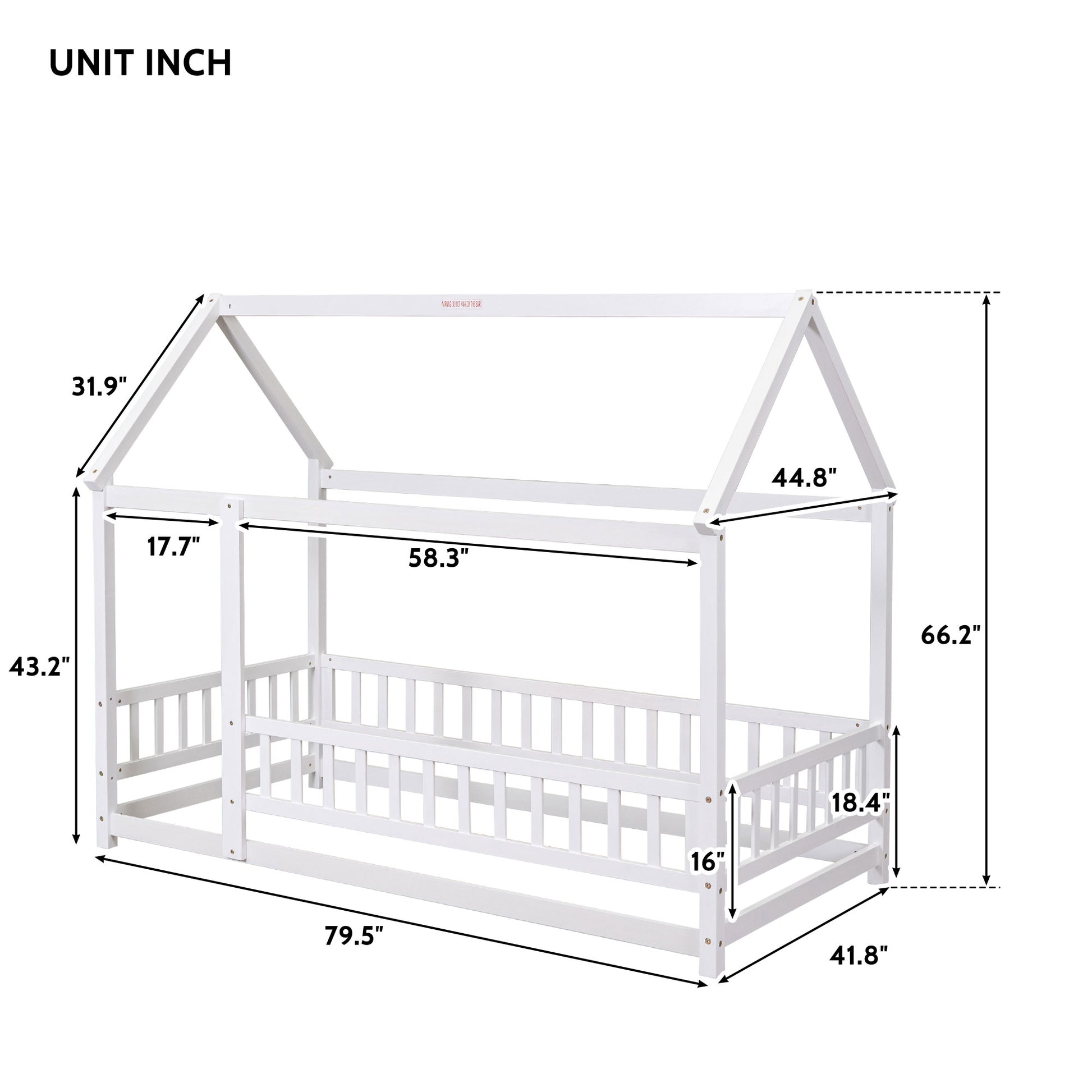 Twin Size Floor Wooden Bed With House Roof Frame, Fence Guardrails,White Old Sku:W50471472 Twin White Pine