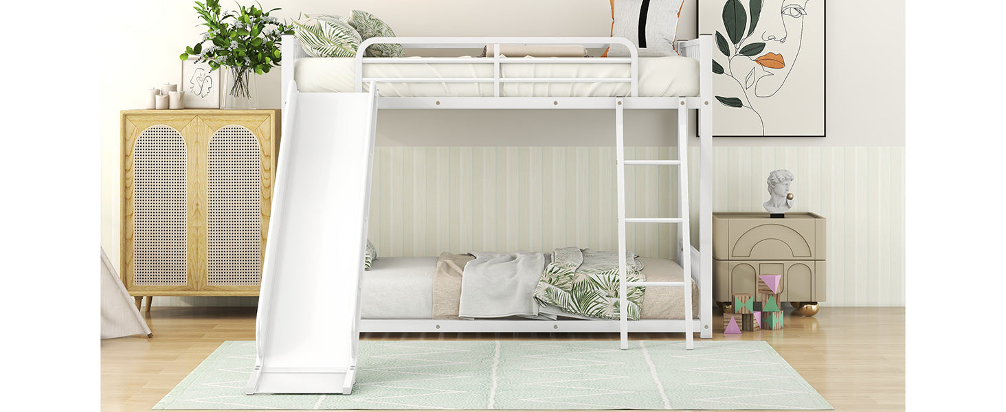 Metal Bunk Bed With Slide, Twin Over Twin, White Box Spring Not Required White Metal Bedroom Metal