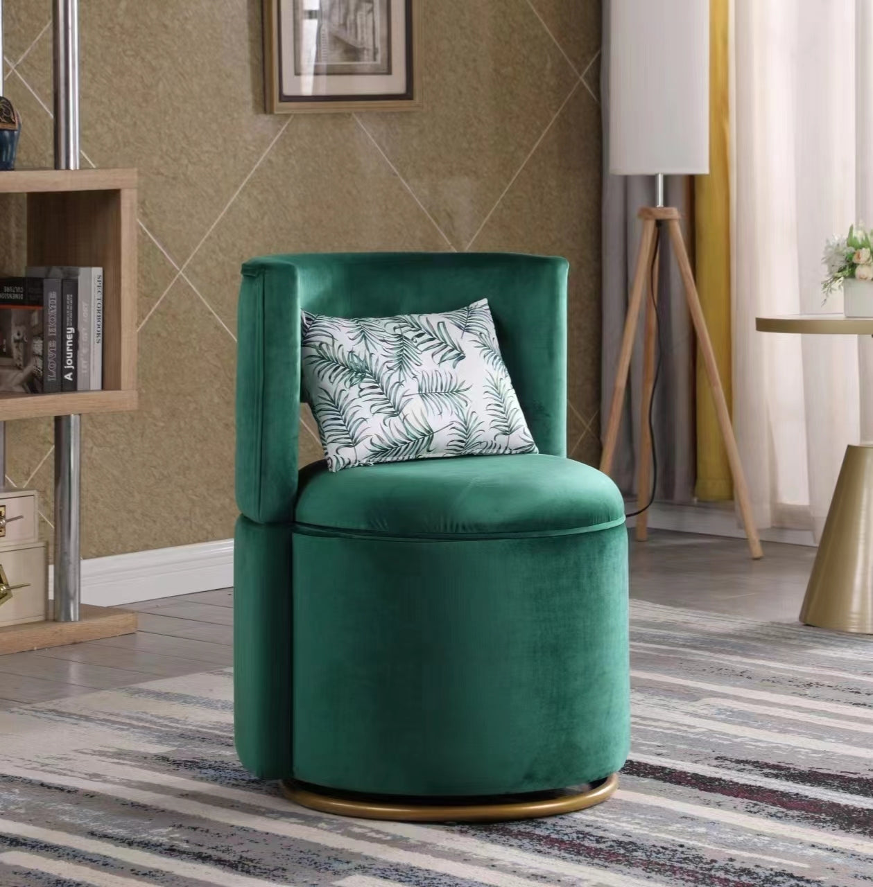 360 Swivel Accent Chair With Storage Function, Velvet Curved Chair With Gold Metal Base For Living Room, Nursery, Bedroom Video Green Velvet