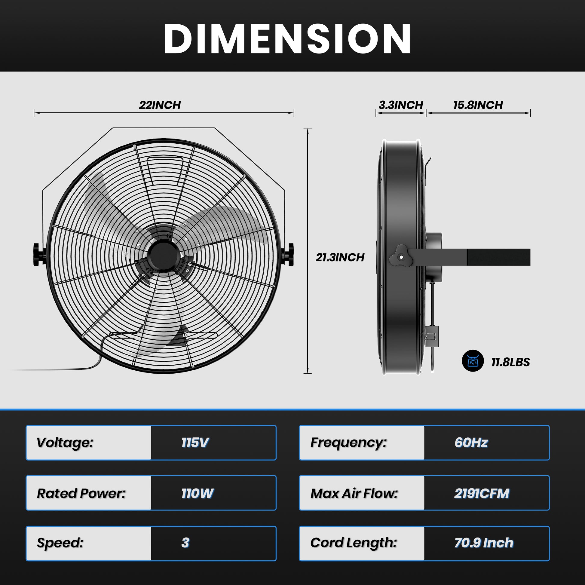 Infinipower 18 Inch High Velocity Wall Mount Fan With Rack, 3 Speed Industrial Commercial Metal Ventilation Fan Black Metal
