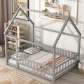 Full Size Floor Wooden Bed With House Roof Frame, Fence Guardrails ,Grey Old Sku:W50471474 Full Grey Pine