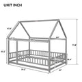 Full Size Floor Wooden Bed With House Roof Frame, Fence Guardrails ,Grey Old Sku:W50471474 Full Grey Pine