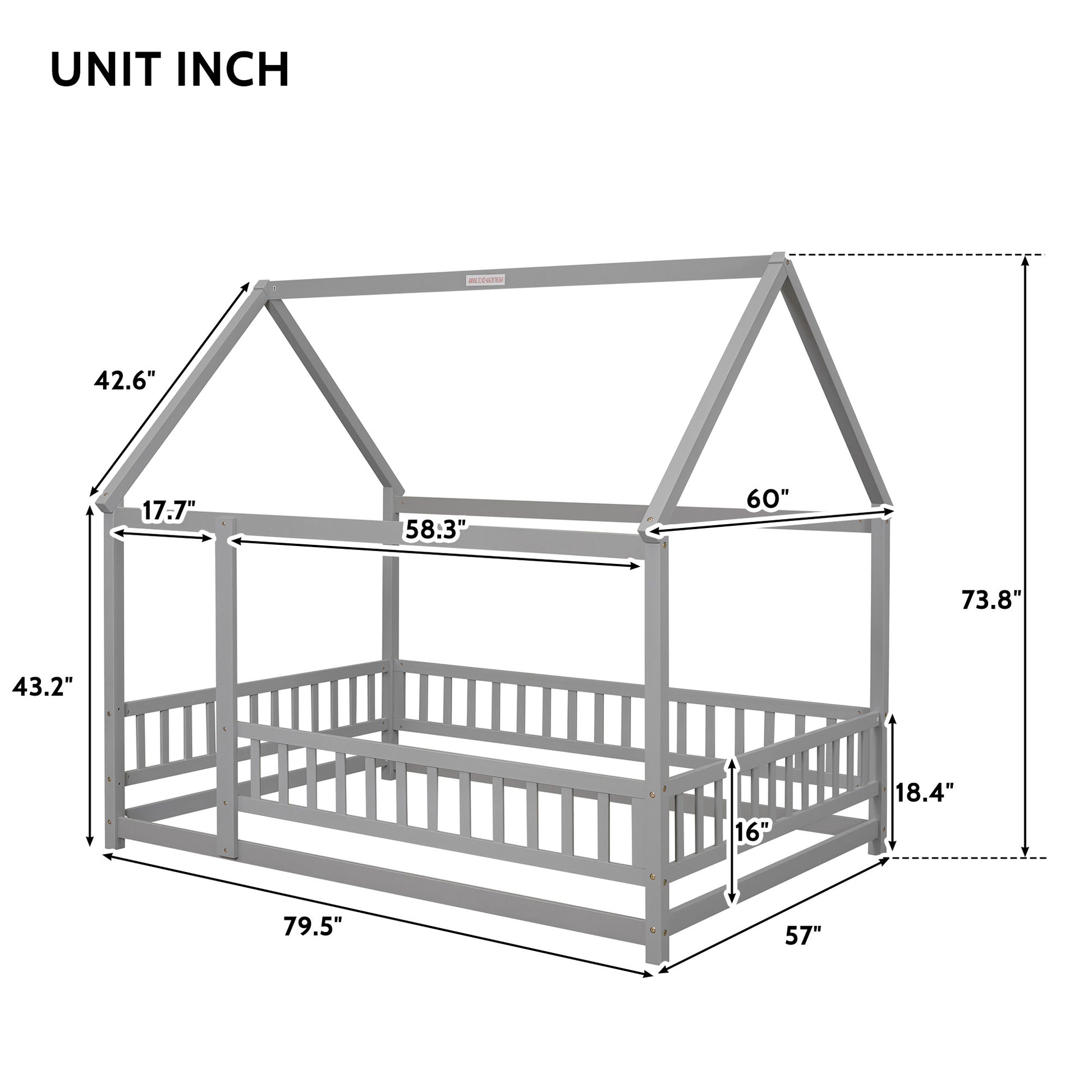 Full Size Floor Wooden Bed With House Roof Frame, Fence Guardrails ,Grey Old Sku:W50471474 Full Grey Pine