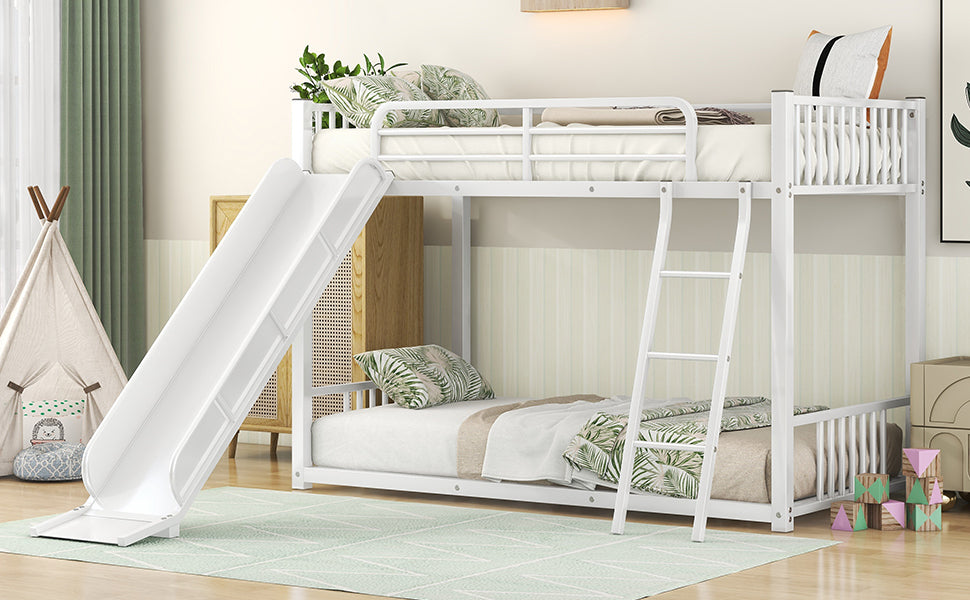 Metal Bunk Bed With Slide, Twin Over Twin, White Box Spring Not Required White Metal Bedroom Metal