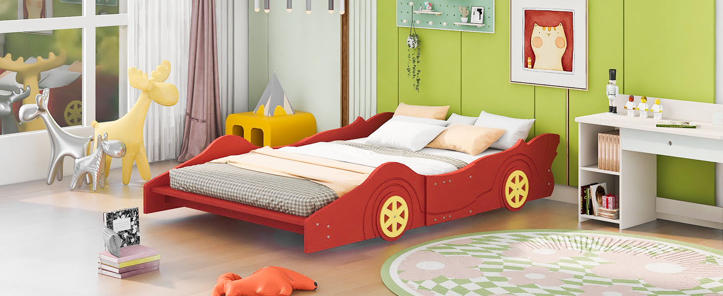Full Size Race Car Shaped Platform Bed With Wheels,Red Red Plywood