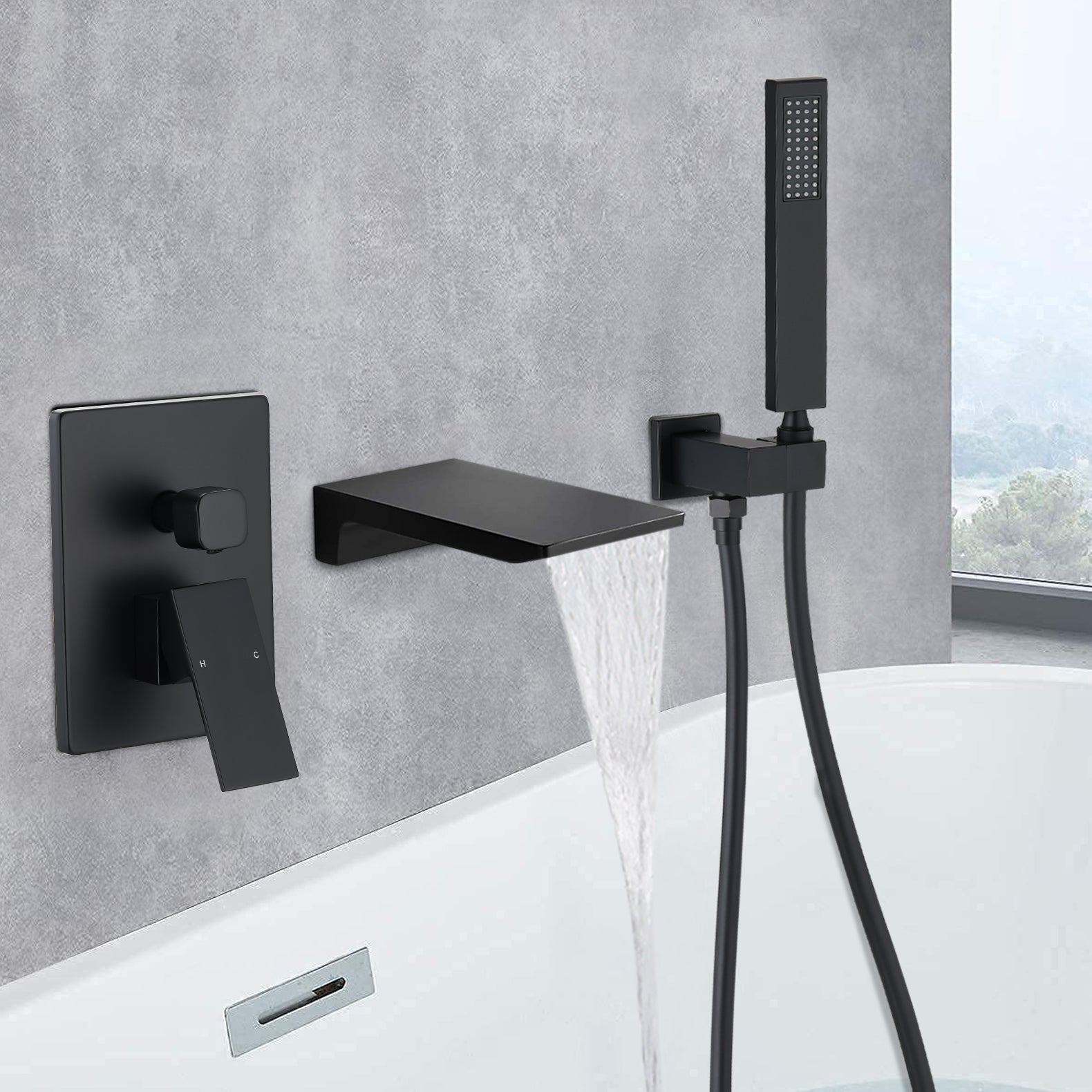 Matte Black Waterfall Wall Mounted Tub Faucet With Hand Shower Matte Black Brass