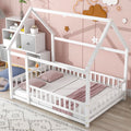 Full Size Floor Wooden Bed With House Roof Frame, Fence Guardrails ,White Old Sku:W50471475 Full White Pine