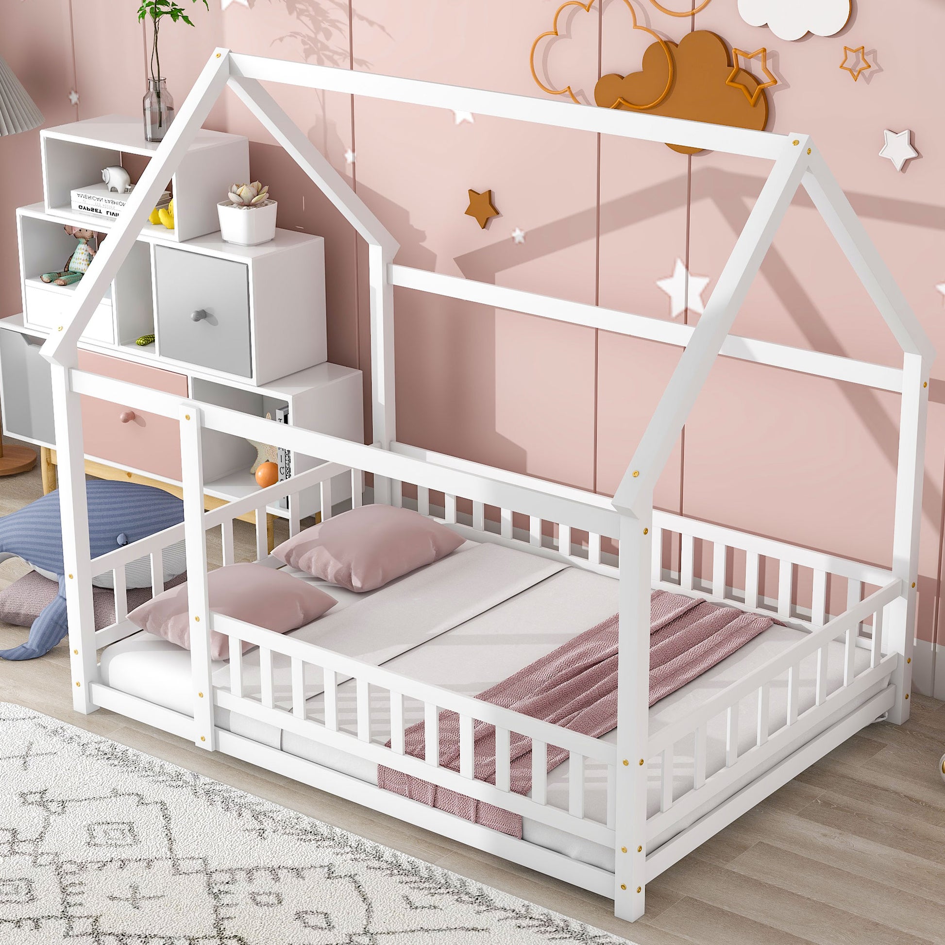 Full Size Floor Wooden Bed With House Roof Frame, Fence Guardrails ,White Old Sku:W50471475 Full White Pine