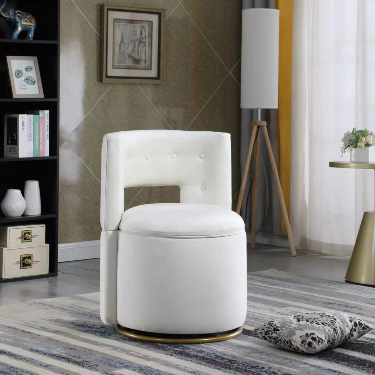 360 Swivel Accent Chair With Storage Function, Velvet Curved Chair With Gold Metal Base For Living Room, Nursery, Bedroom Video Beige Fabric