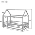 Twin Size Floor Wooden Bed With House Roof Frame, Fence Guardrails,Grey Old Sku:W50471471 Twin Grey Pine