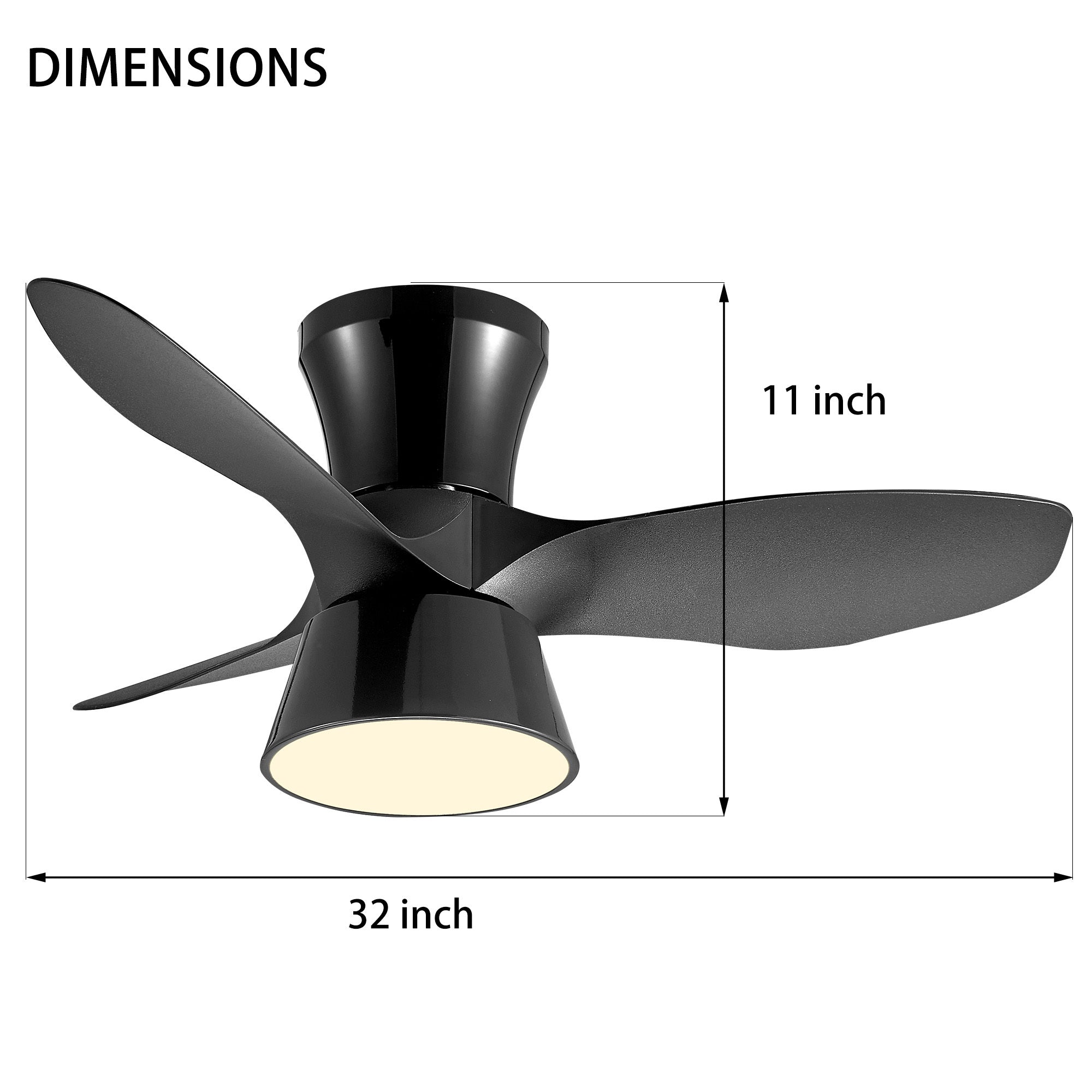 32 Inch Black Flush Mount Ceiling Fan with Light black-iron+plastic