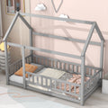 Twin Size Floor Wooden Bed With House Roof Frame, Fence Guardrails,Grey Old Sku:W50471471 Twin Grey Pine