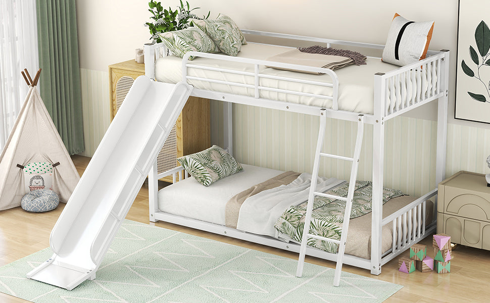 Metal Bunk Bed With Slide, Twin Over Twin, White Box Spring Not Required White Metal Bedroom Metal