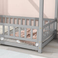 Twin Size Floor Wooden Bed With House Roof Frame, Fence Guardrails,Grey Old Sku:W50471471 Twin Grey Pine