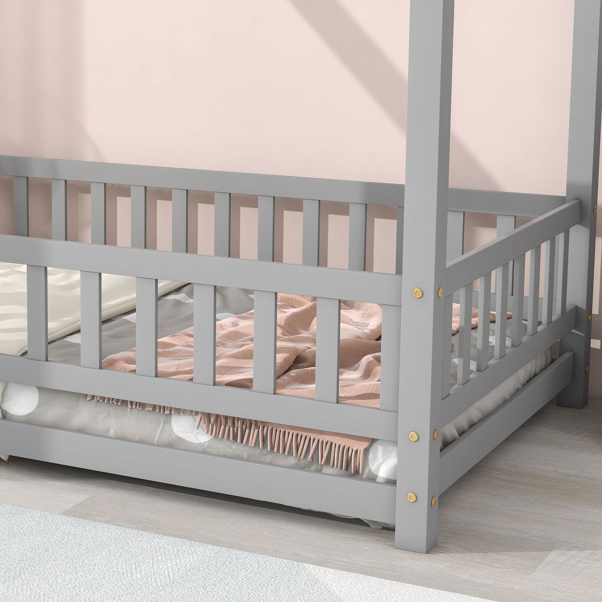 Twin Size Floor Wooden Bed With House Roof Frame, Fence Guardrails,Grey Old Sku:W50471471 Twin Grey Pine