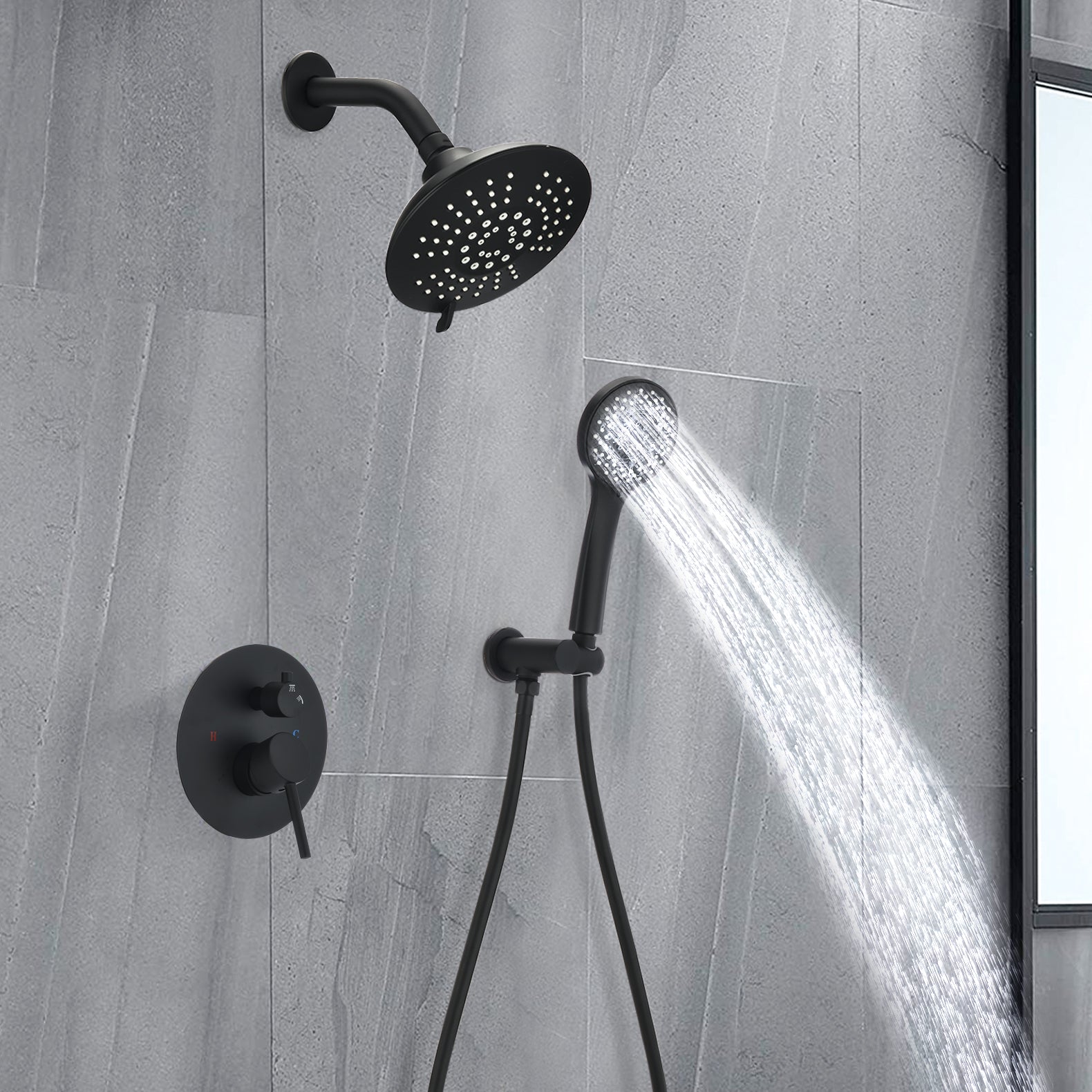 Round Shower System Wall Mounted Rain Mixer Combo Set Matte Black Matte Black Brass